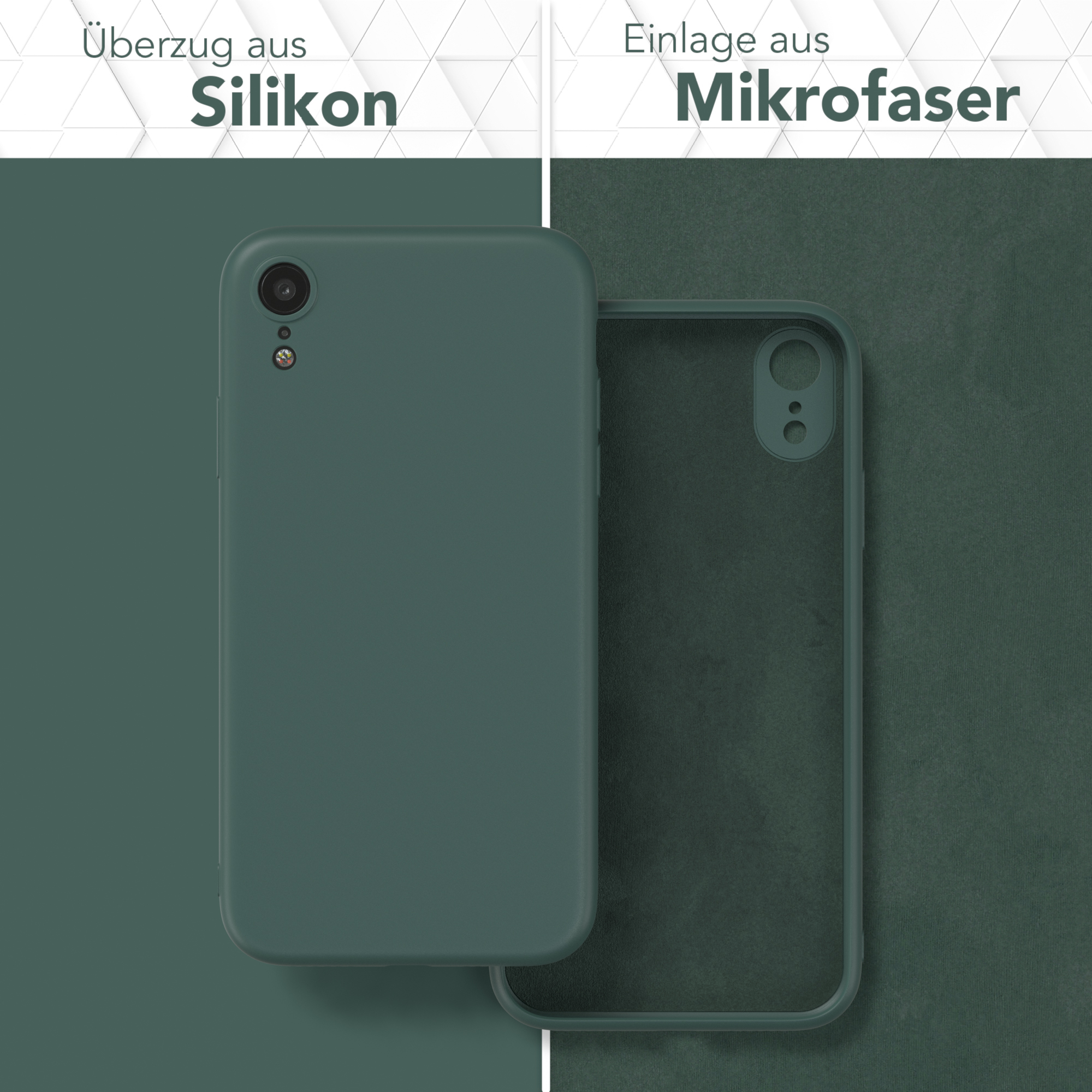 Grüne Handyhülle, Silikon außen, Mikrofaser innen. Text: Silikon, Mikrofaser.