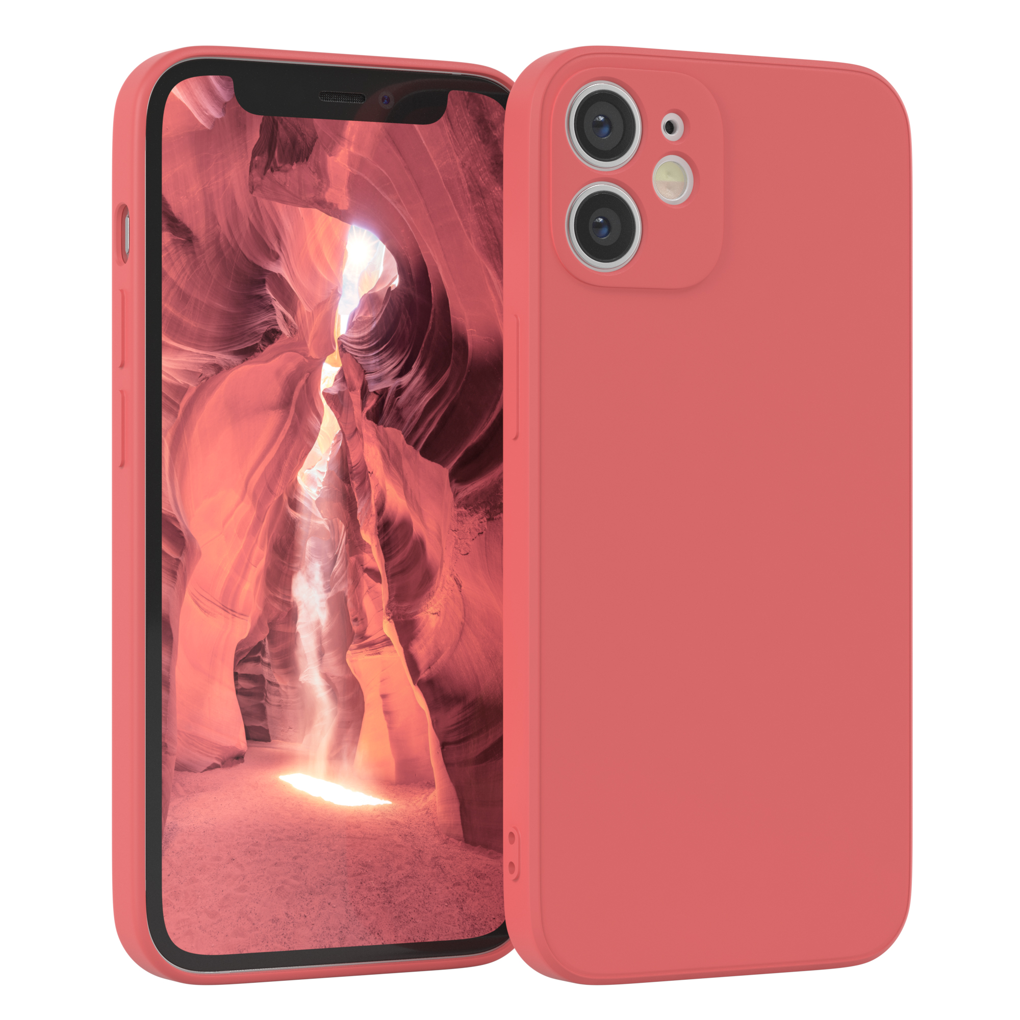 Korallenfarbenes Telefon in Hülle, Canyon im Hintergrund.