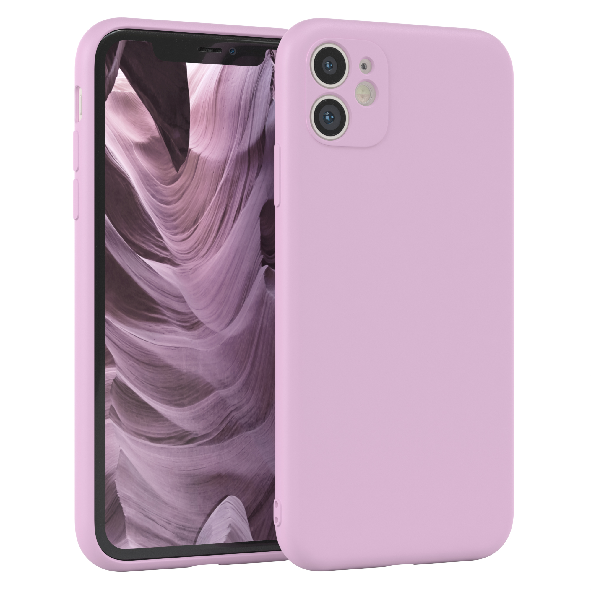 Rosa Handyhülle neben einem Telefon, das ein orangefarbenes Schluchtenbild zeigt. Duale Kamera.