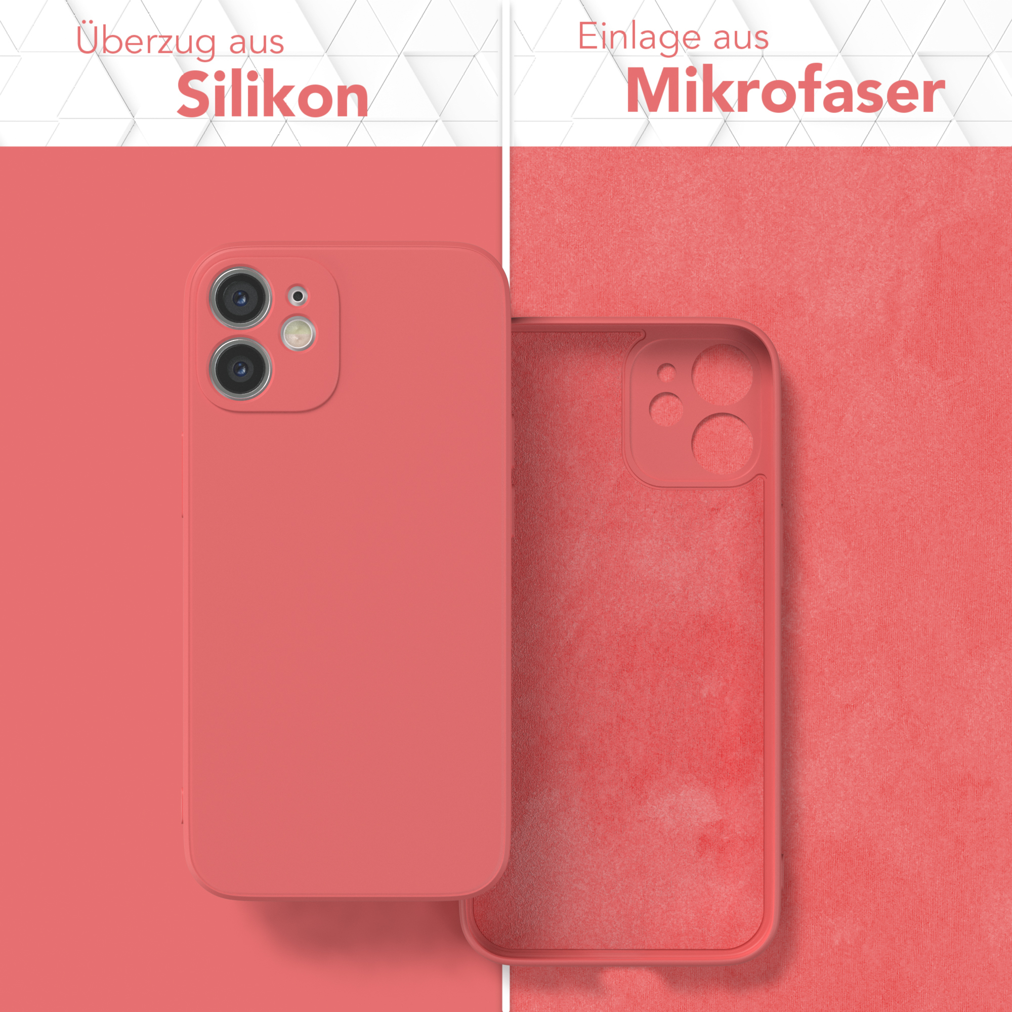 Eine korallenfarbene Handyhülle und ihr Mikrofaser-Innenraum. Text: Silikonoberfläche und Mikrofaser-Einsatz.