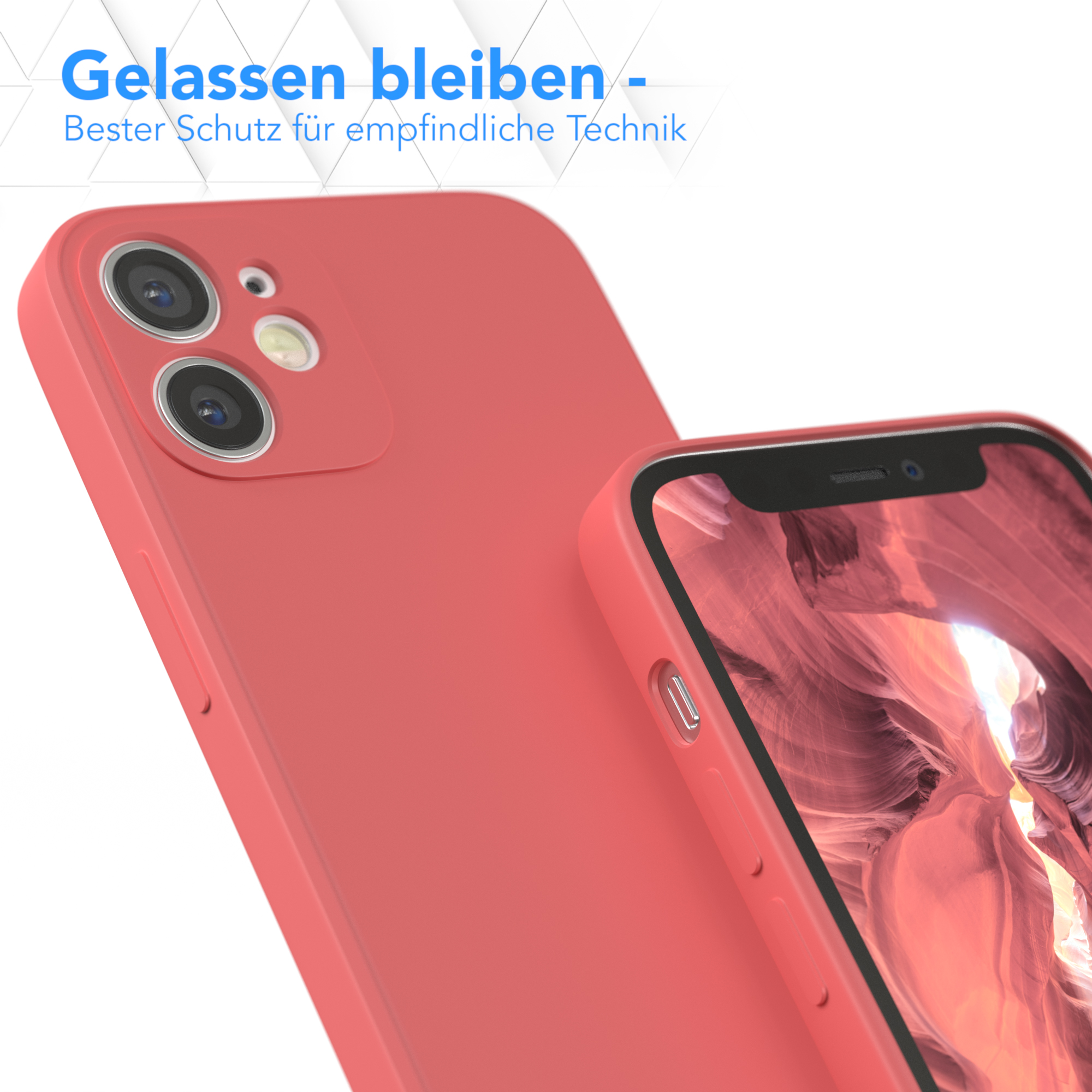Zwei Handyhüllen: eine korallenrote und eine mit einem Telefon darin. Weißer Hintergrund.
