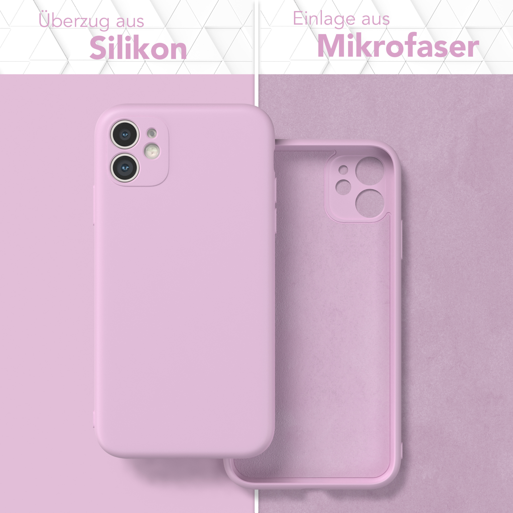 Zwei Handyhüllen, eine lila und eine offene, die eine Mikrofaser-Innenschicht zeigen.