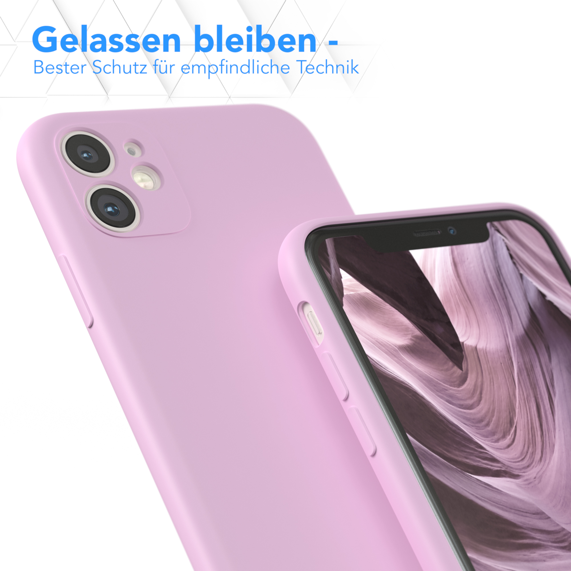 Eine hellviolette Handyhülle und ein passendes Telefon. Text: Bleiben Sie ruhig - bester Schutz für empfindliche Technik.