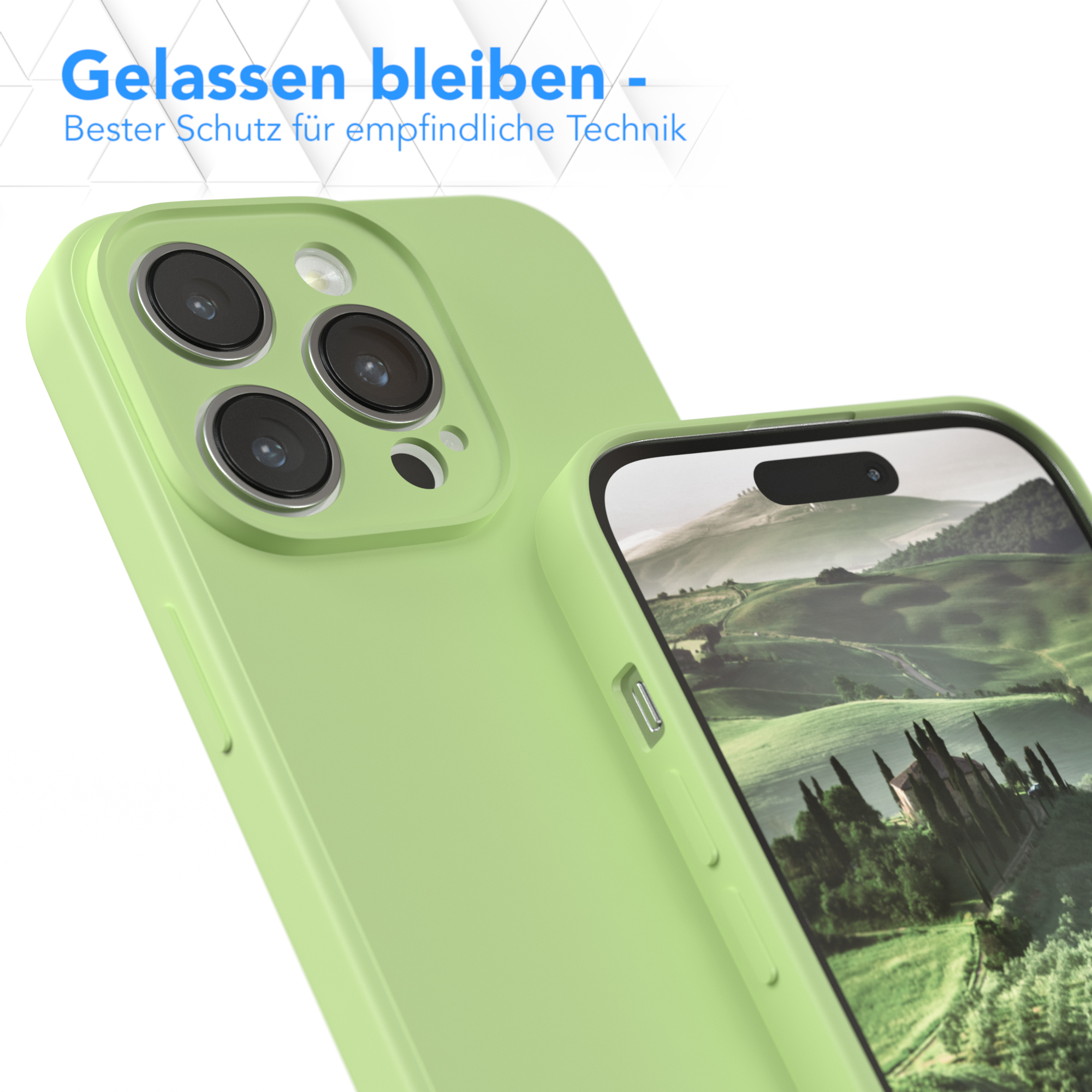 Handyhülle und Telefon, grüne Hülle, mit Text 'Gelassen bleiben'.