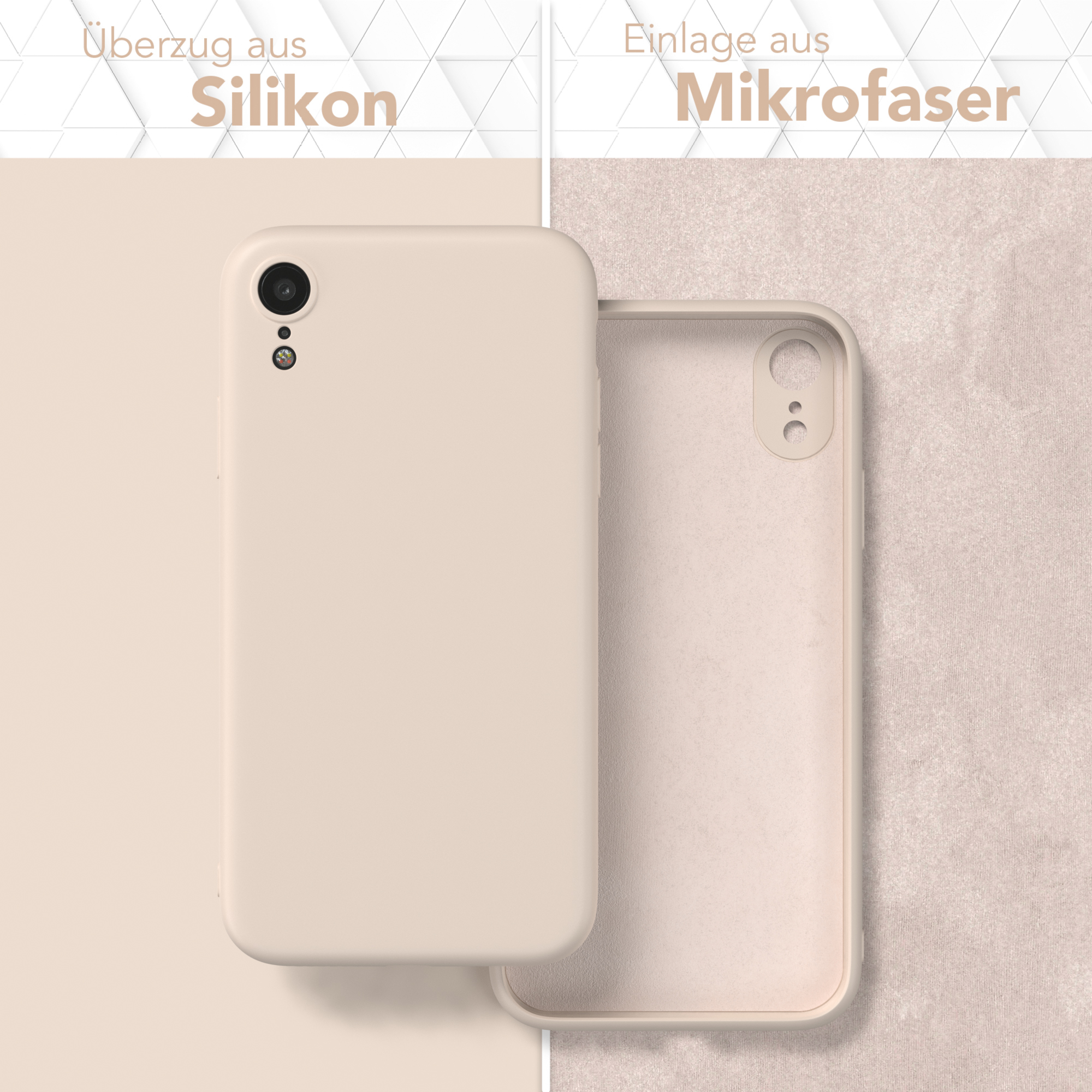 Zwei Handyhüllen, eine auf einem Telefon, eine andere offen, die das Gehäusematerial und das Innere veranschaulichen.