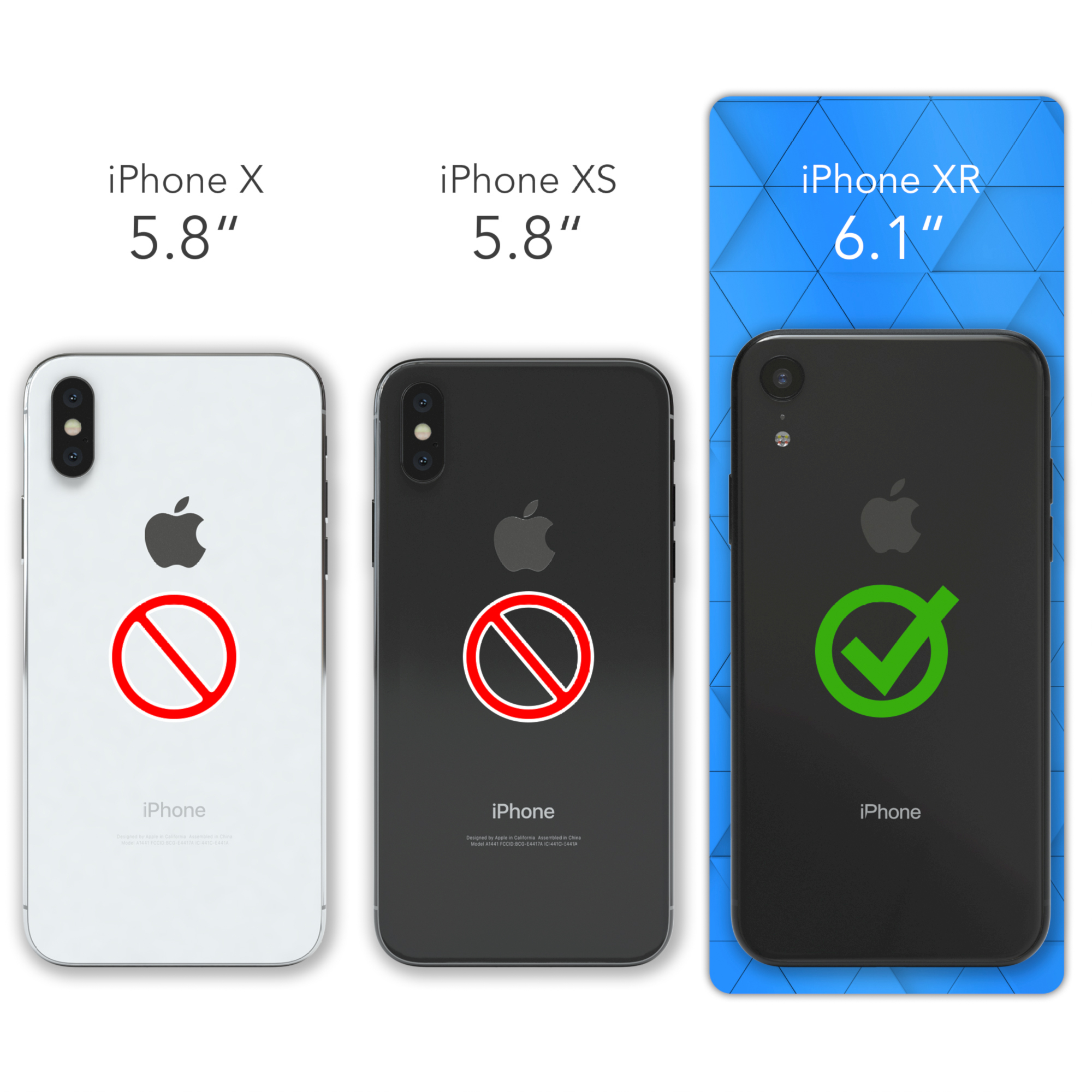 Drei iPhones. Weiß, schwarz und ein grünes Häkchen auf dem XR.