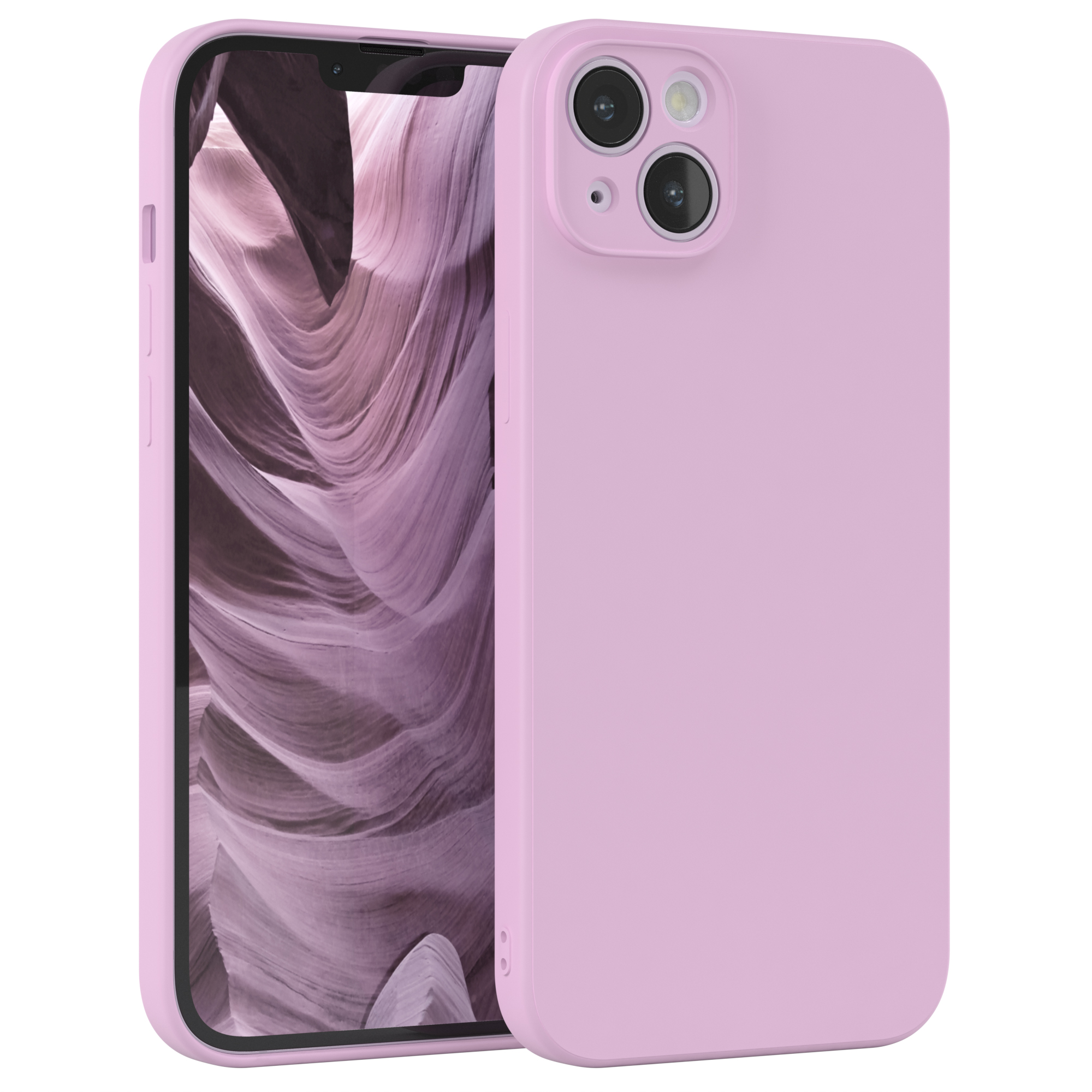 Rosa Handyhülle, Telefon links, Hintergrund mit Landschaft. Weißer Hintergrund.