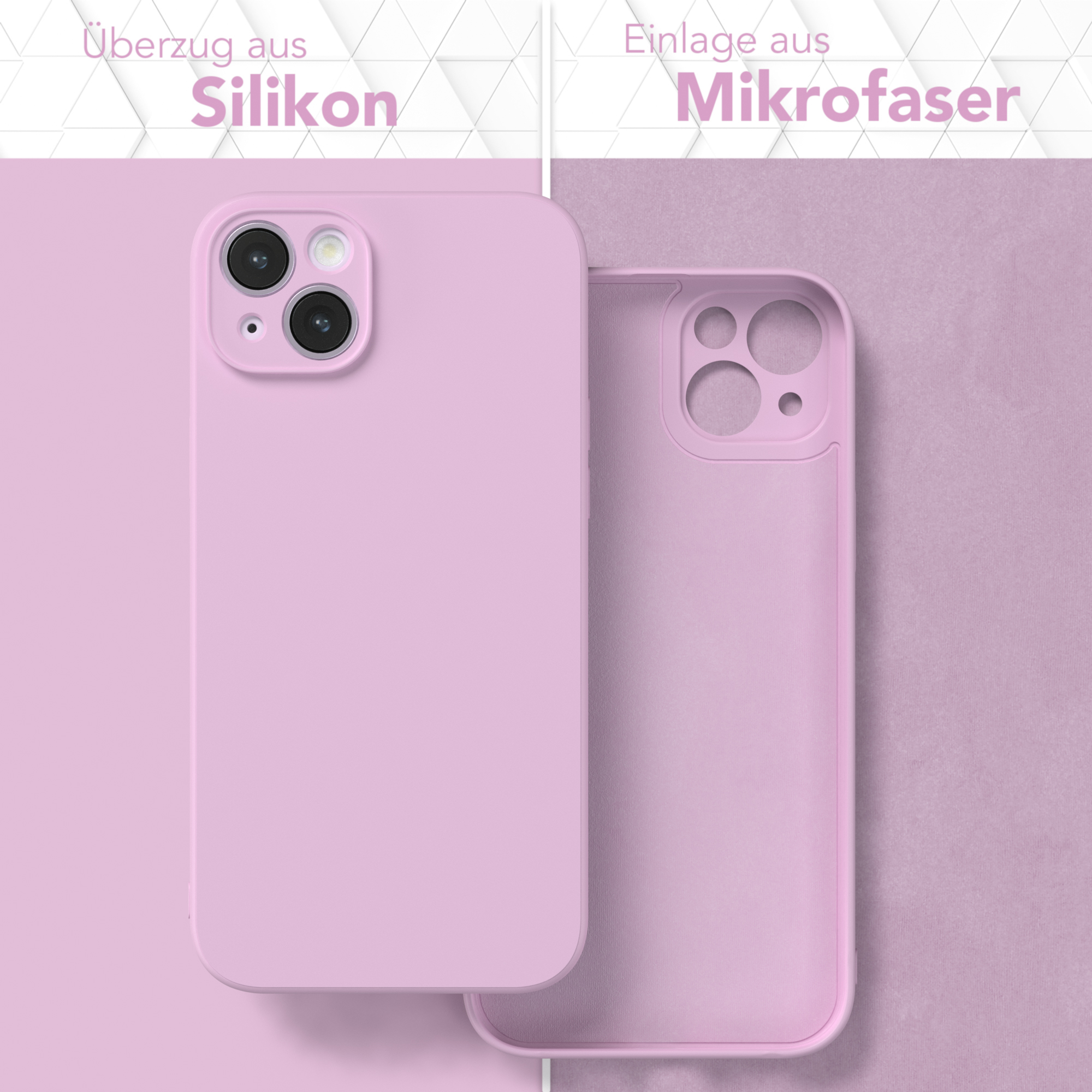 Eine pinke Handyhülle und ihr Mikrofaser-Innenraum auf lila Hintergrund.