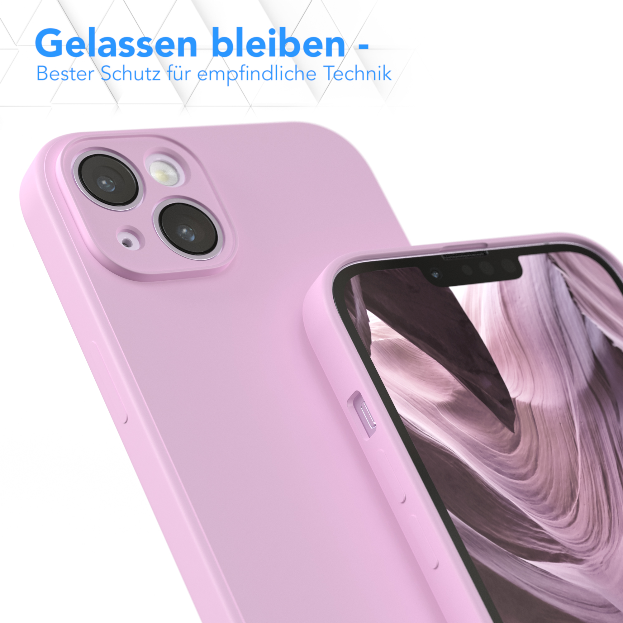 Zwei rosafarbene Handyhüllen, eine auf dem Telefon, die andere leer, Design gezeigt.