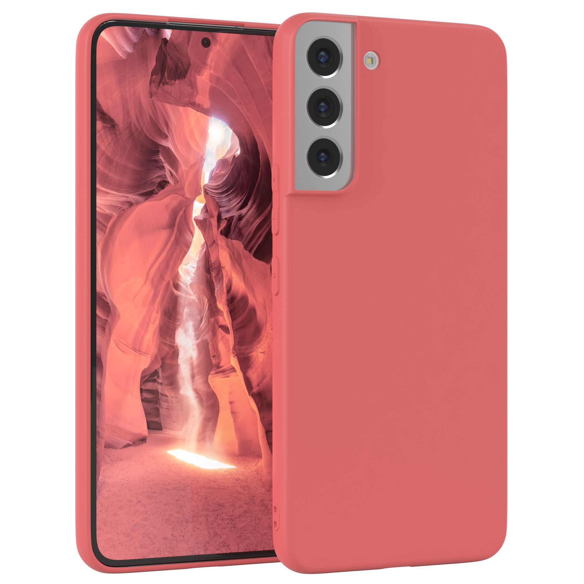 Korallenfarbene Smartphone-Hülle mit Telefon, vor Canyon-Hintergrund.