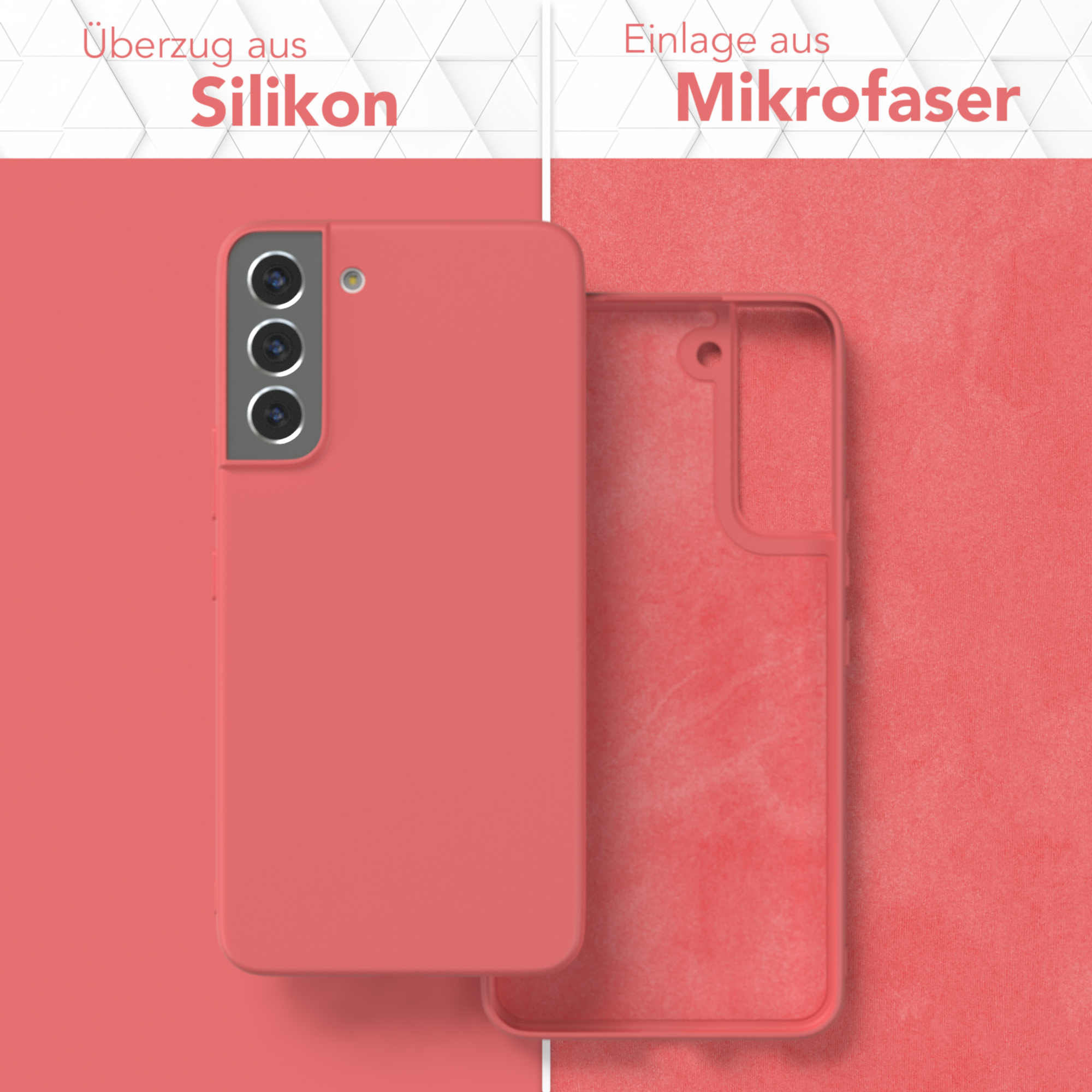Rote Handyhülle, Silikon und Mikrofaser. Text: Silikonhülle.