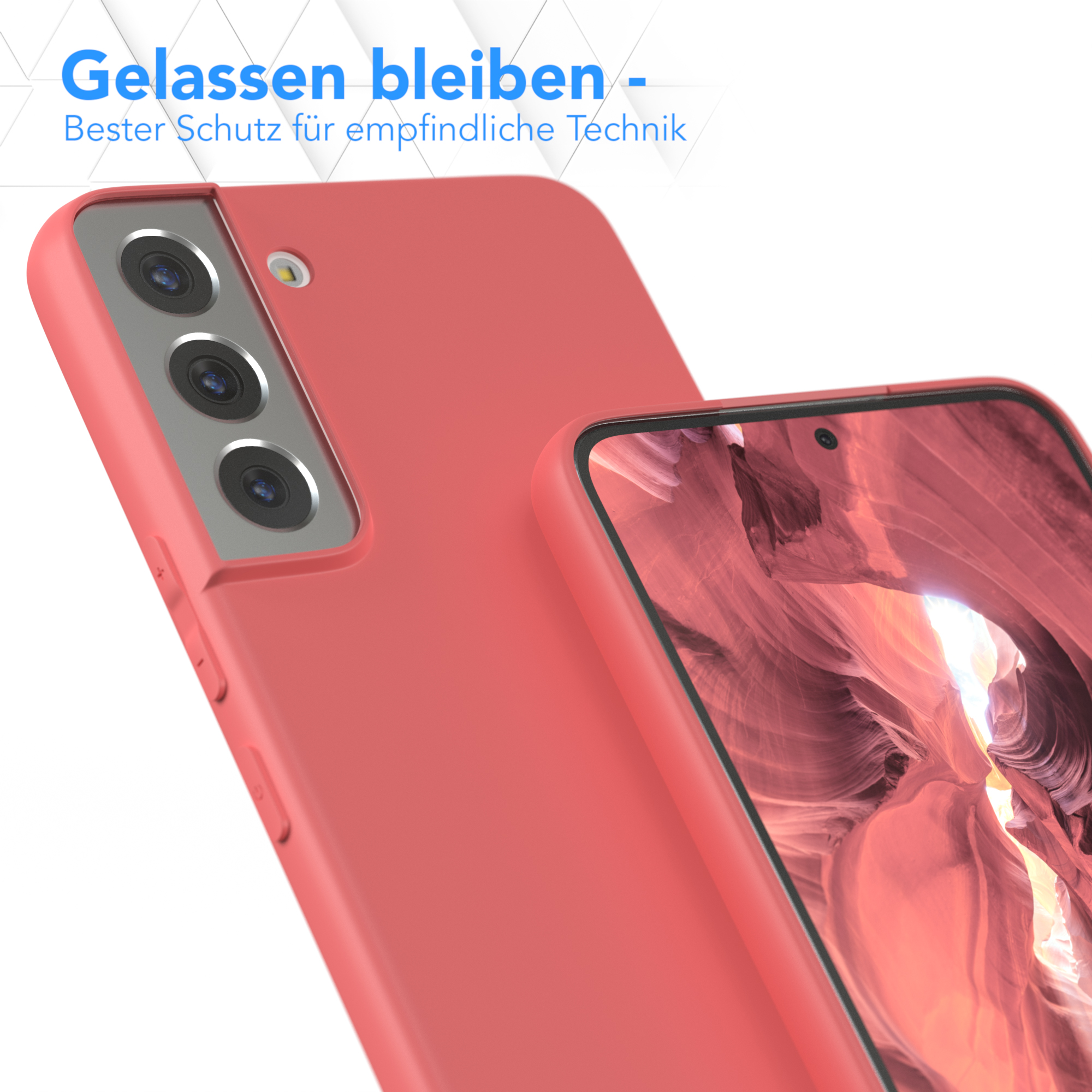 Rotes Telefon und Hülle. Text und landschaftlicher Hintergrund. Weißer Hintergrund.