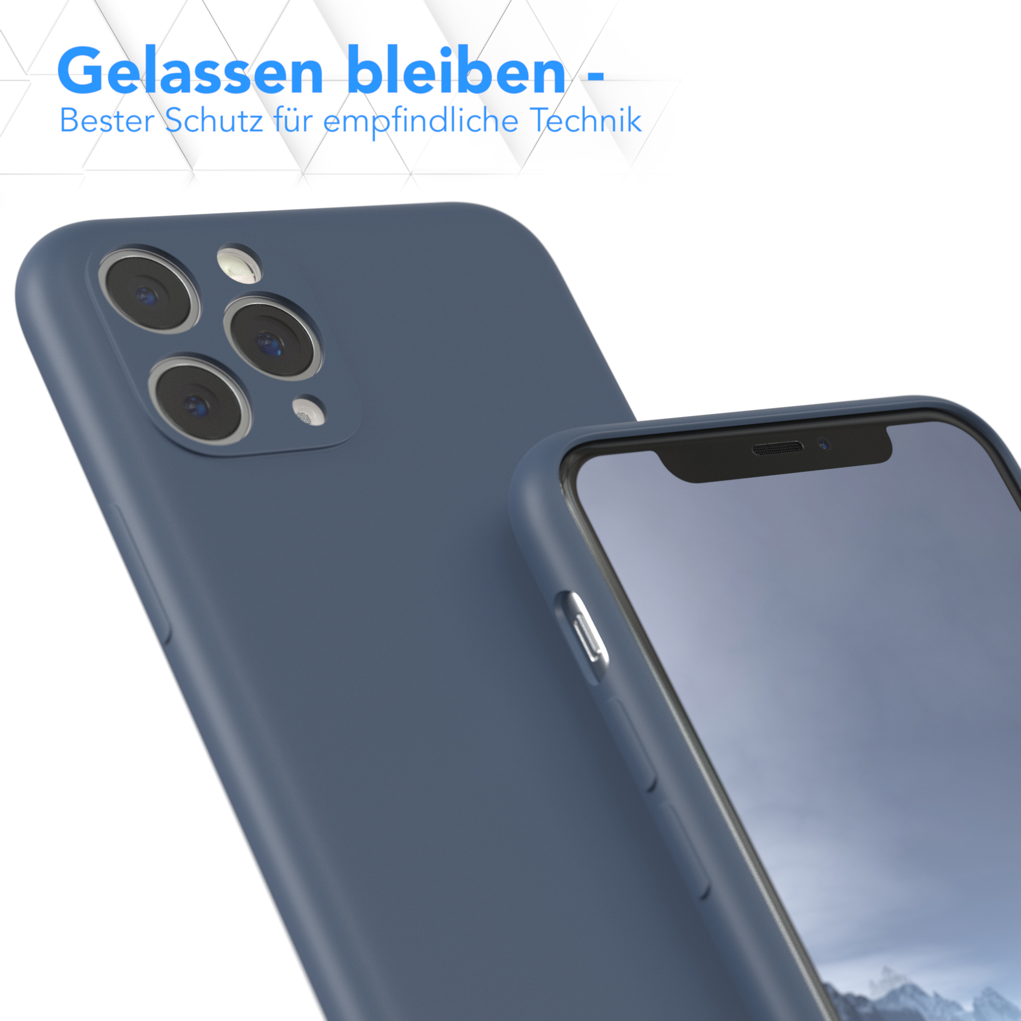 Zwei blaue Handyhüllen, eine im Fokus. Text oben: 'Entspannen Sie sich, Bester Schutz für empfindliche Technik'.