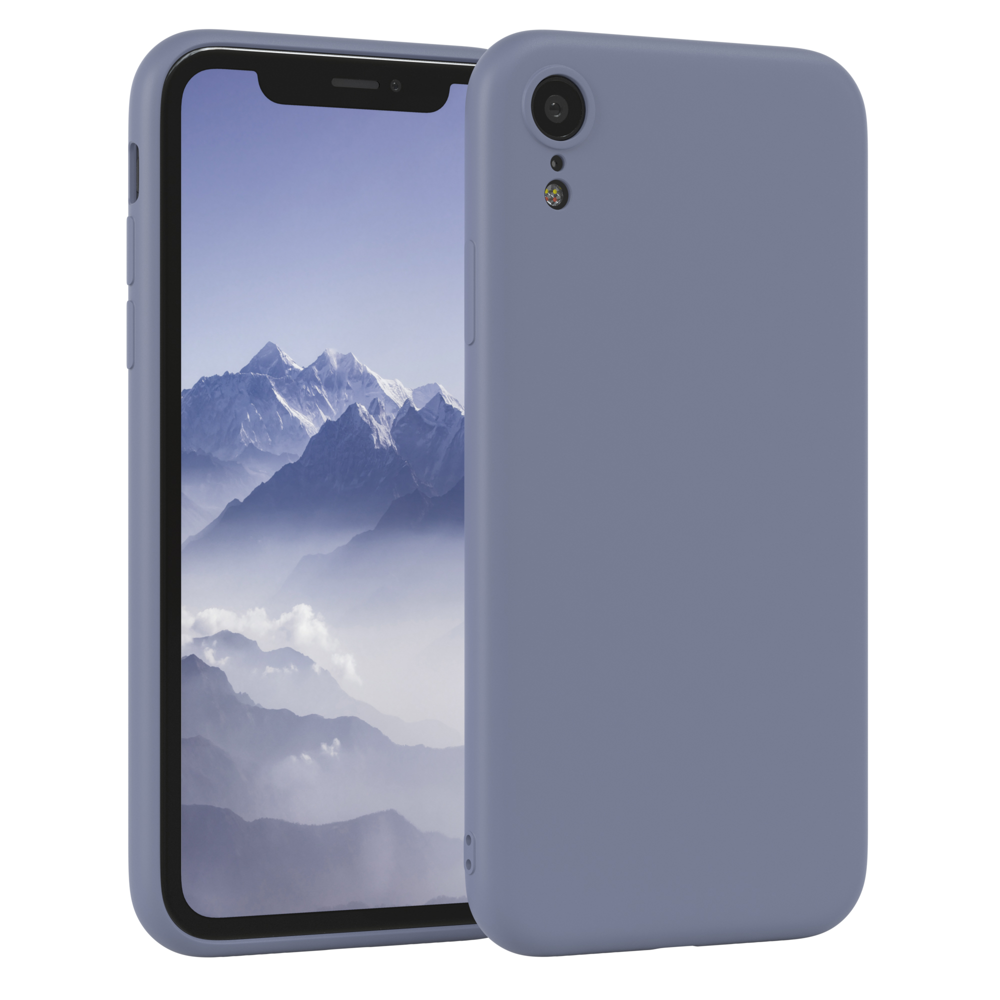 Blaues Telefon in einer Hülle. Das Telefon wird vor einem verschwommenen Hintergrund gezeigt.