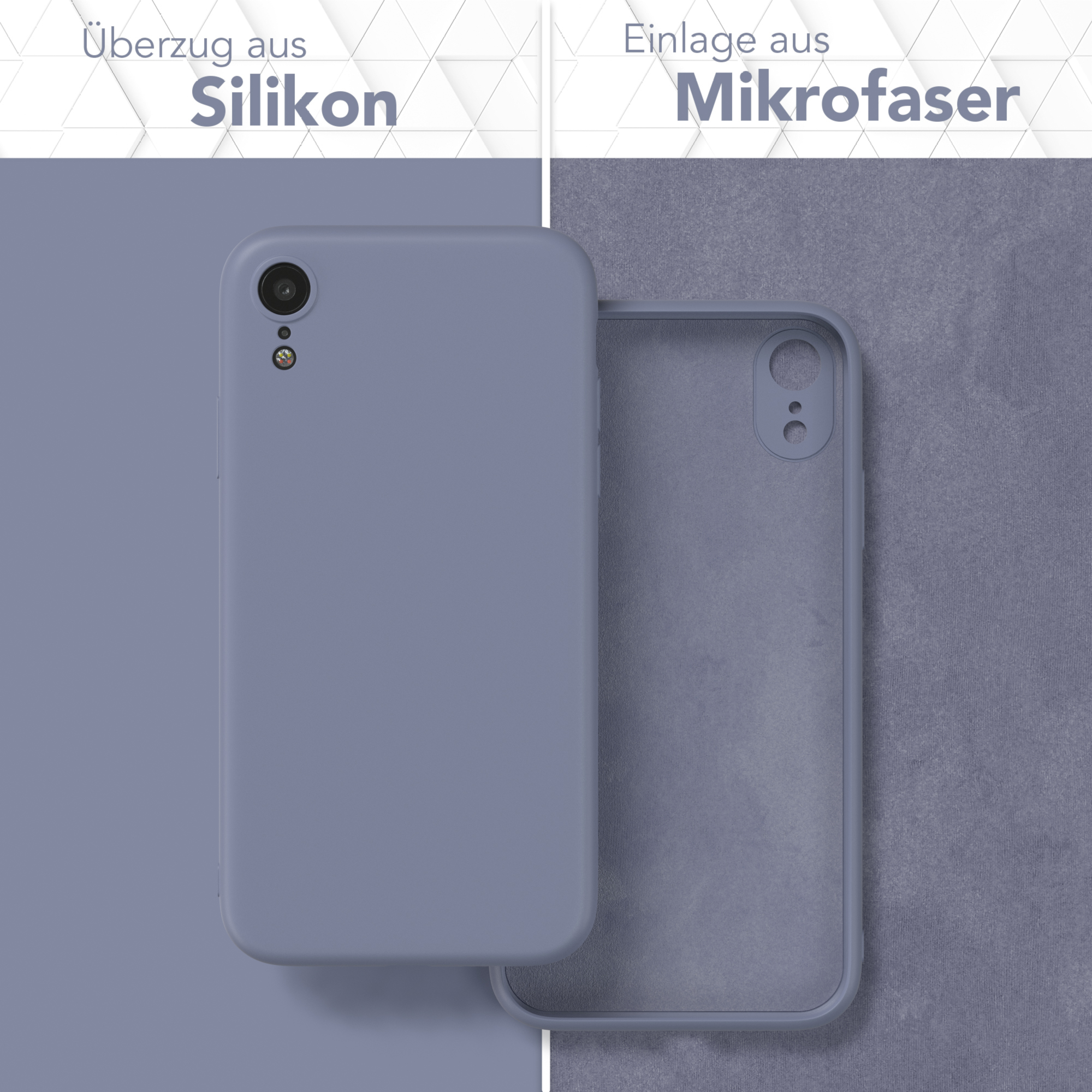 Zwei Handyhüllen werden gezeigt, eine mit Telefon, eine leer. Text auf Deutsch ist sichtbar.