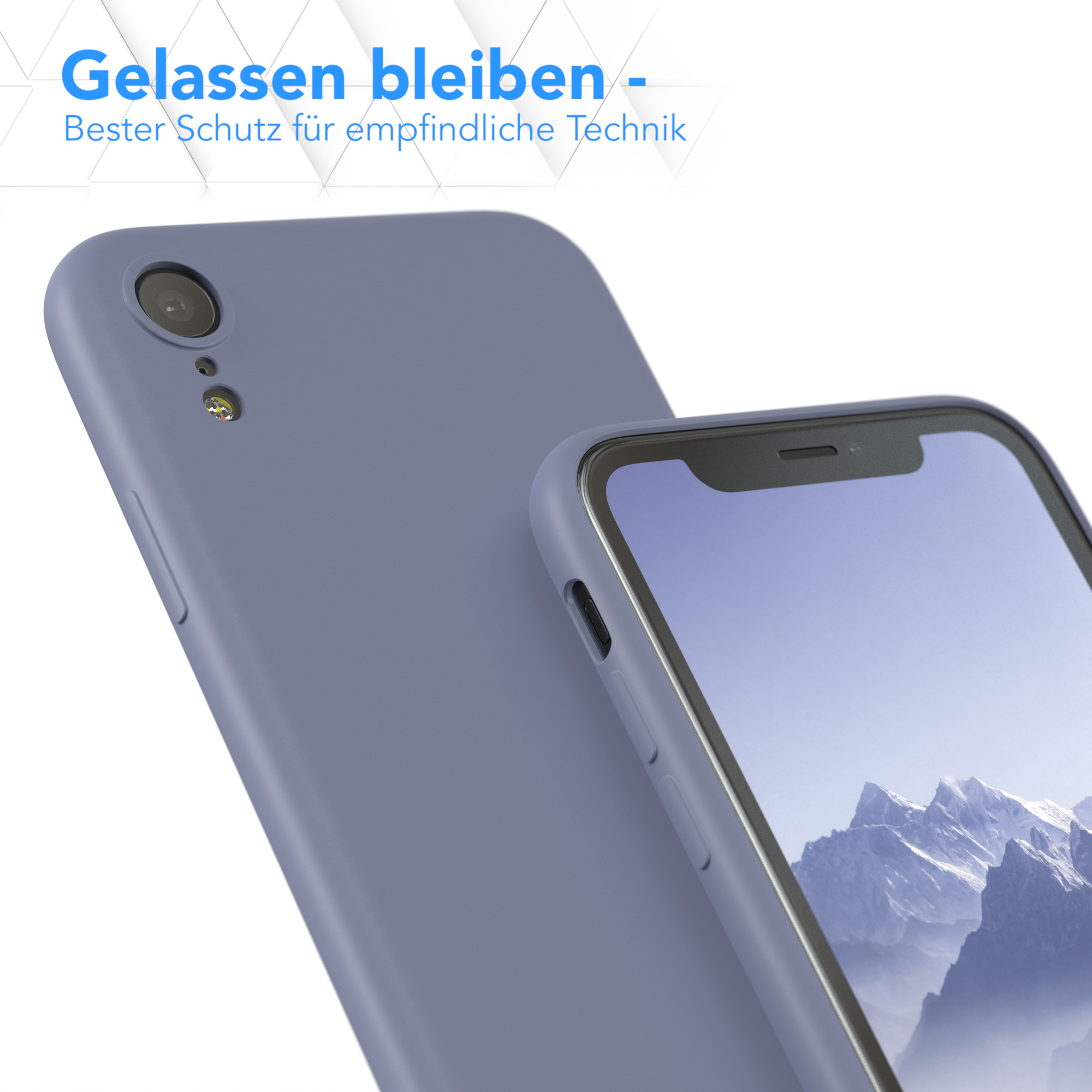 Eine lila Handyhülle mit Telefon. Weißer Hintergrund und Text sichtbar.