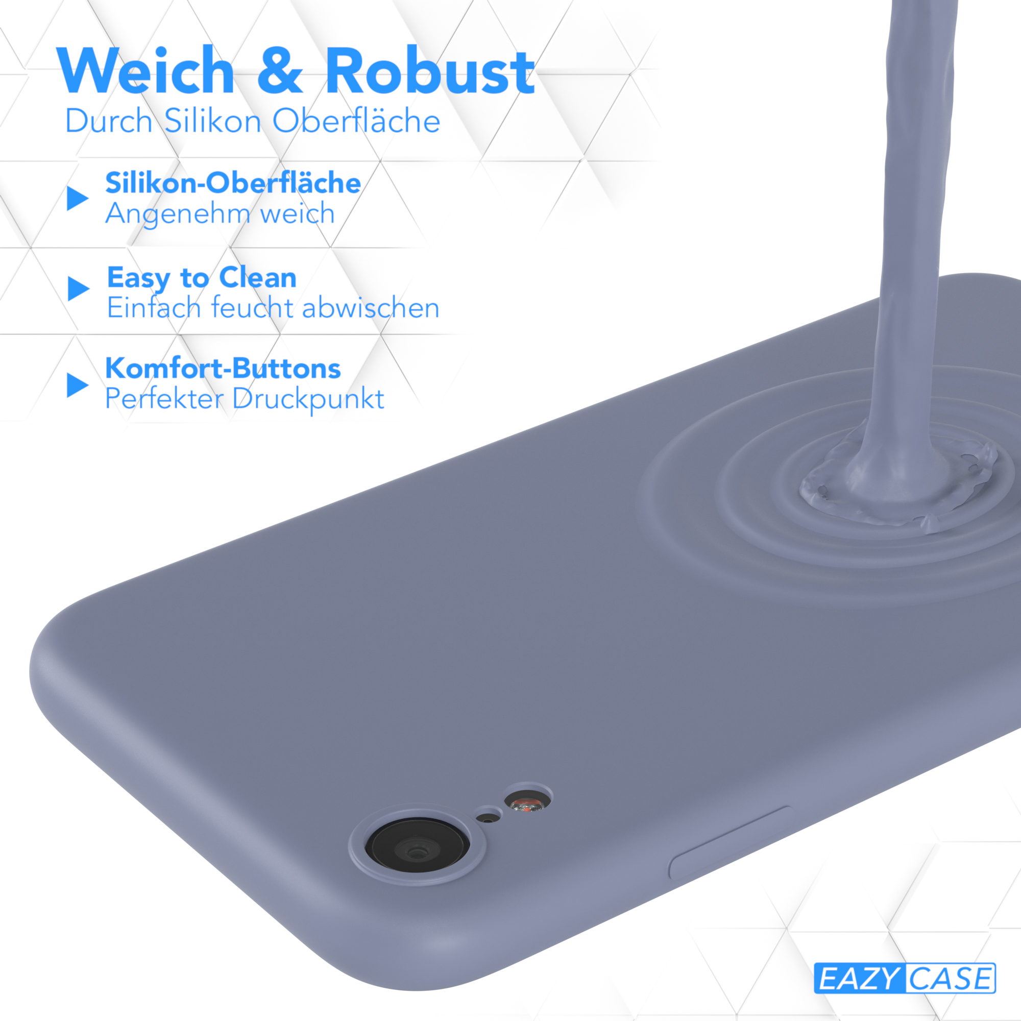 Blaue Handyhülle mit Flüssigkeitseffekt. Text: Weich & Robust.