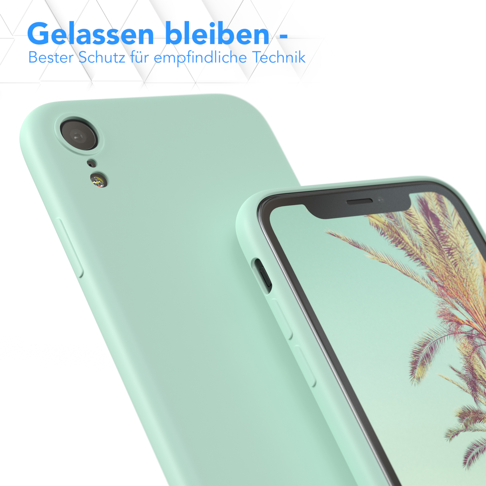 Eine mintgrüne Handyhülle und ein Telefon mit landschaftlichem Hintergrund.