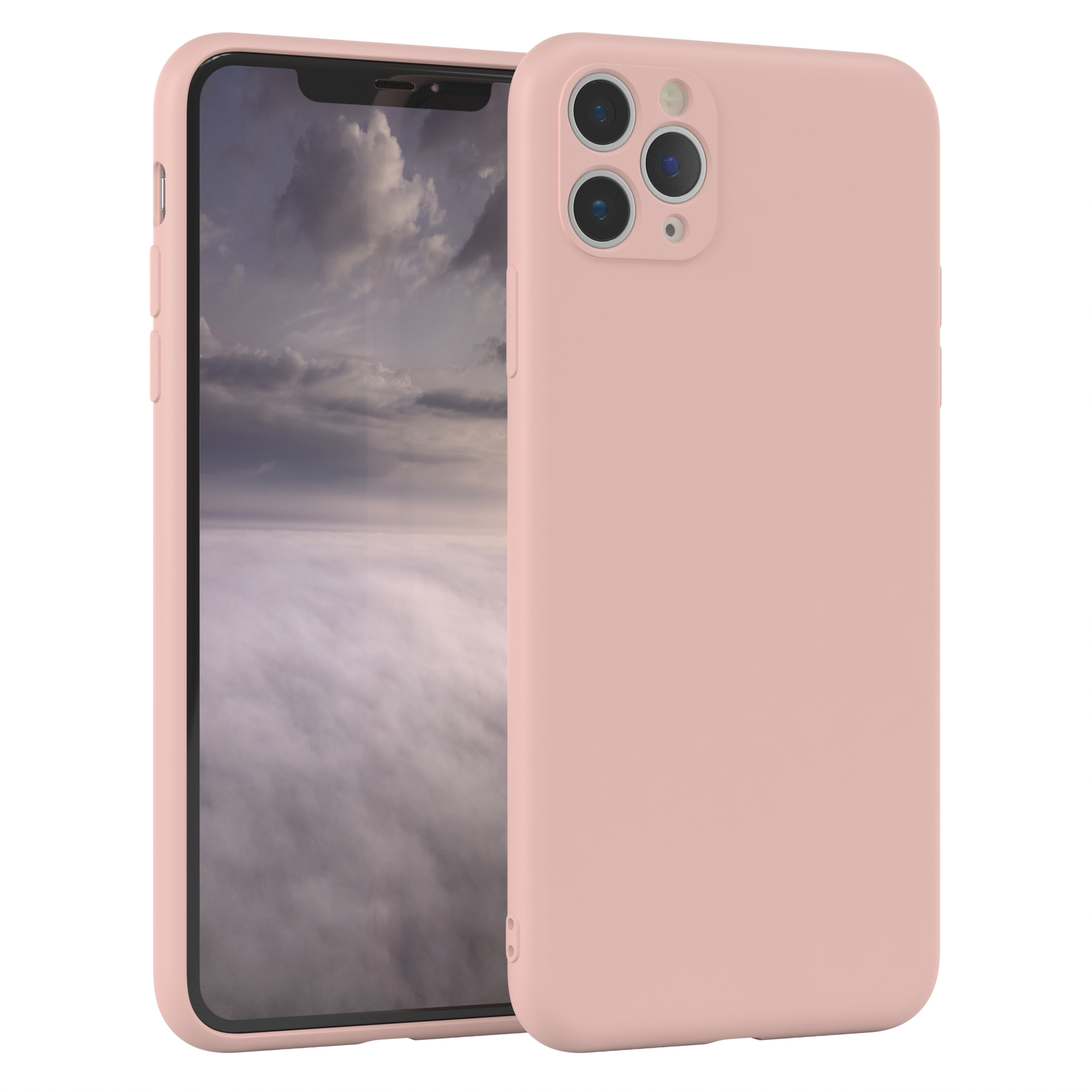 Rosa Handyhülle und Telefon mit rosa Wolkenhintergrund.