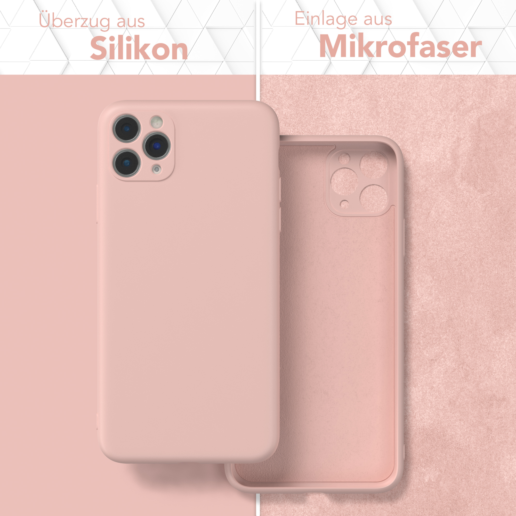 Zwei Handyhüllen, eine offen. Text: Silikonhülle und Mikrofaser-Innenfutter.