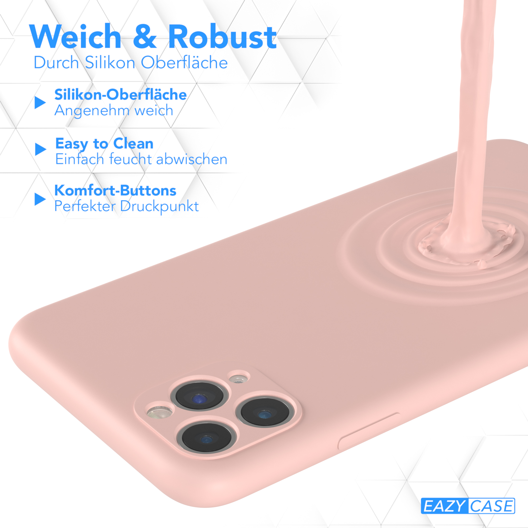 Rosa Handyhülle. Text: Weich & Robust, Easy to Clean, Komfort-Buttons.