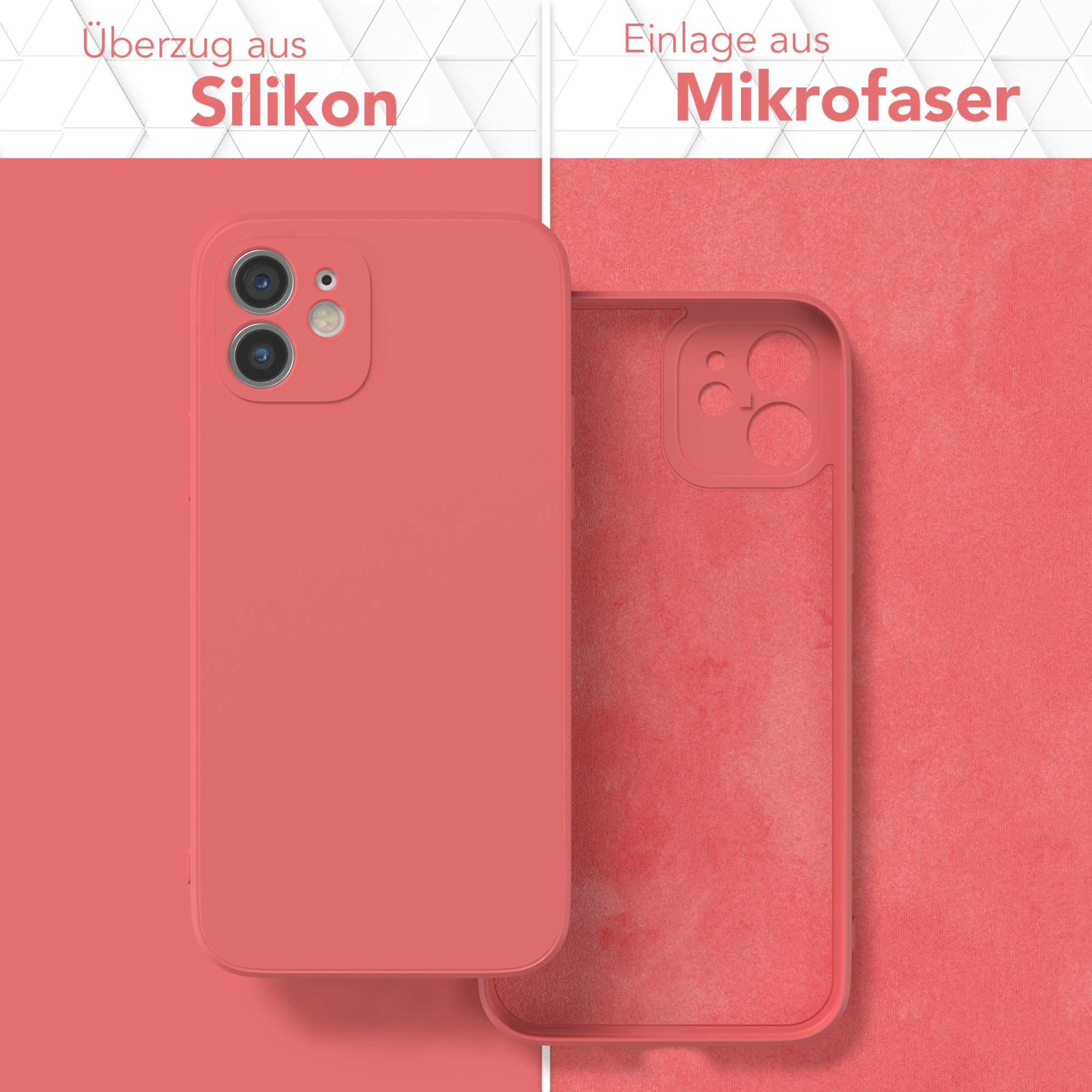 Pfirsichfarbene Handyhülle und Innenausstattung. Text sagt 'Silikon' und 'Mikrofaser'.