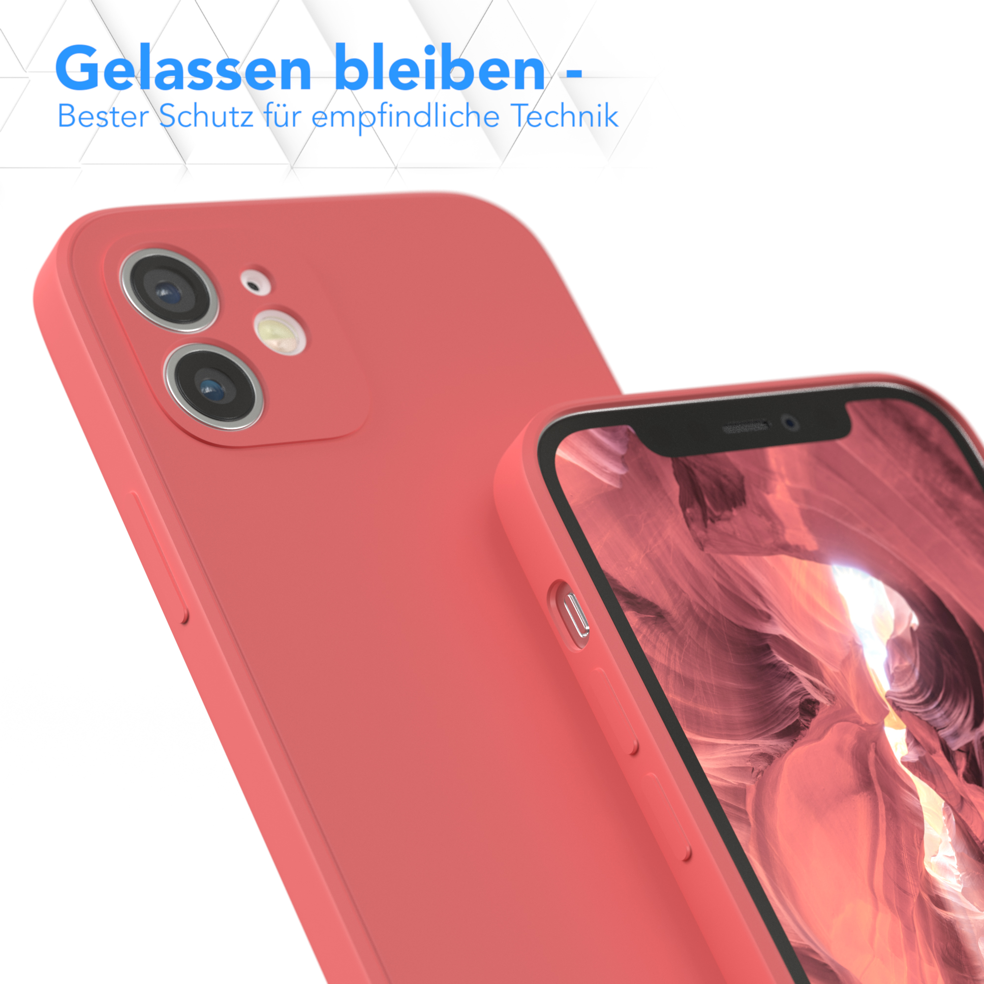 Nahaufnahme von zwei roten Handyhüllen, eine bedeckt die andere, zeigt das Telefondesign.