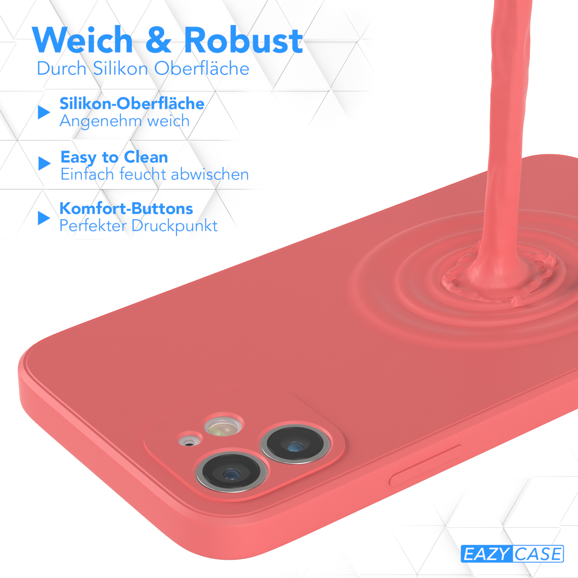Rote Handyhülle mit fließender roter Flüssigkeit. Text: Weich & Robust, Silikonoberfläche.