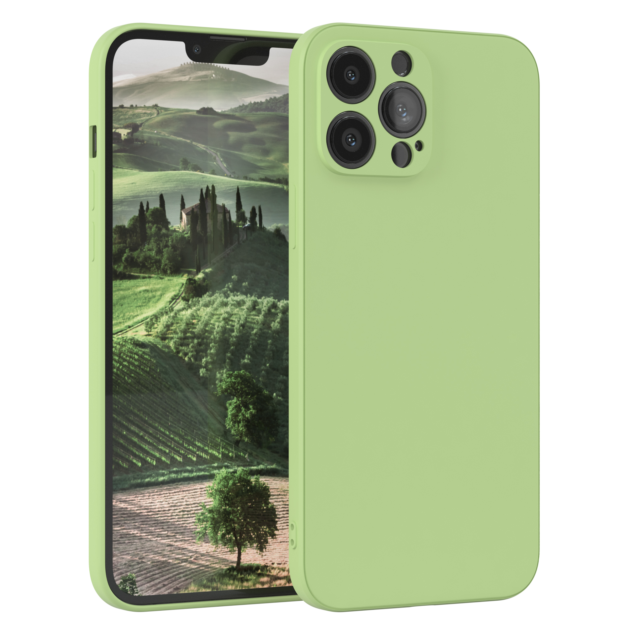Grüne Handyhülle auf einem Telefon. Die Handyhülle ist grün und der Hintergrund ist ein Feld.