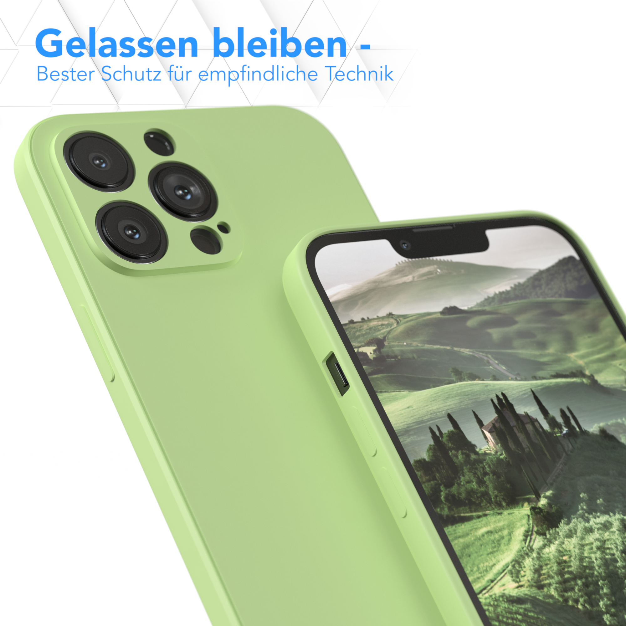 Hellgrüne Handyhülle neben Telefon. Text: 'Entspannt bleiben - Bester Schutz für empfindliche Technik'.