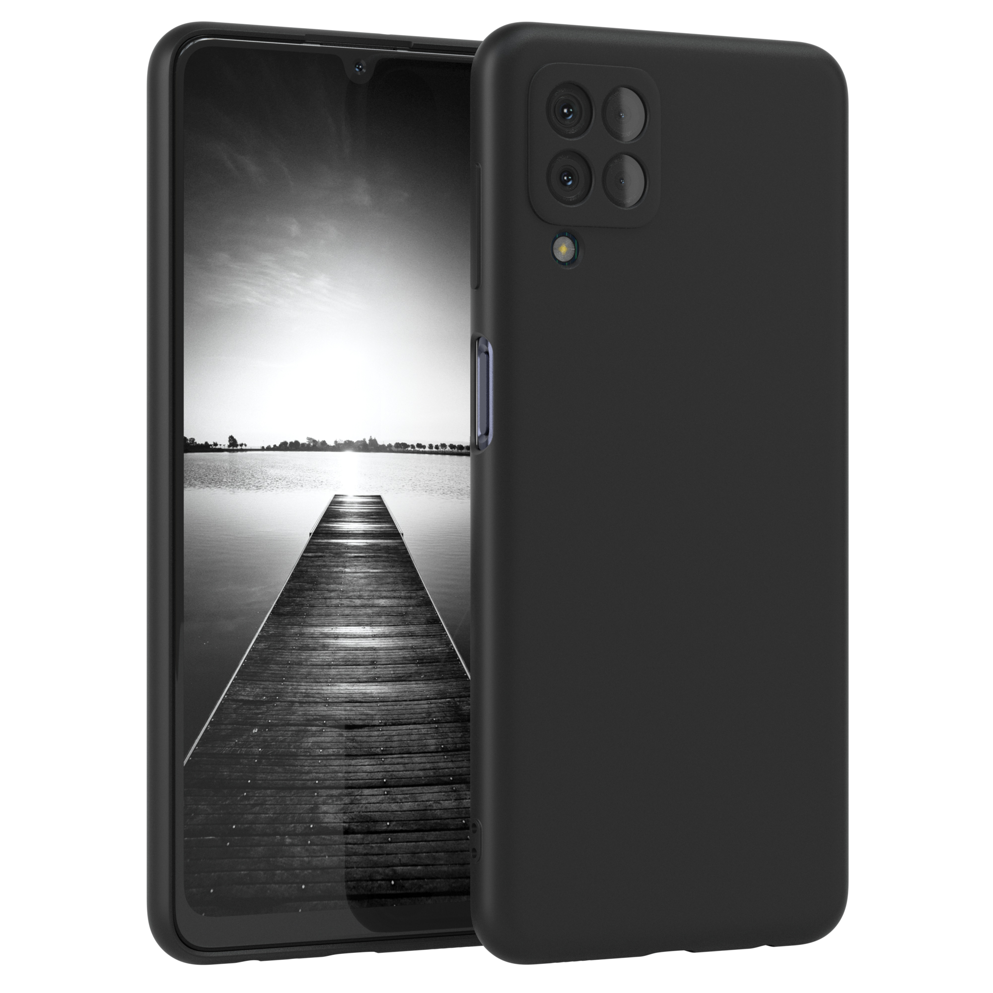 Eine schwarze Handyhülle mit einem Telefon, das eine Graustufen-Seeansicht zeigt.