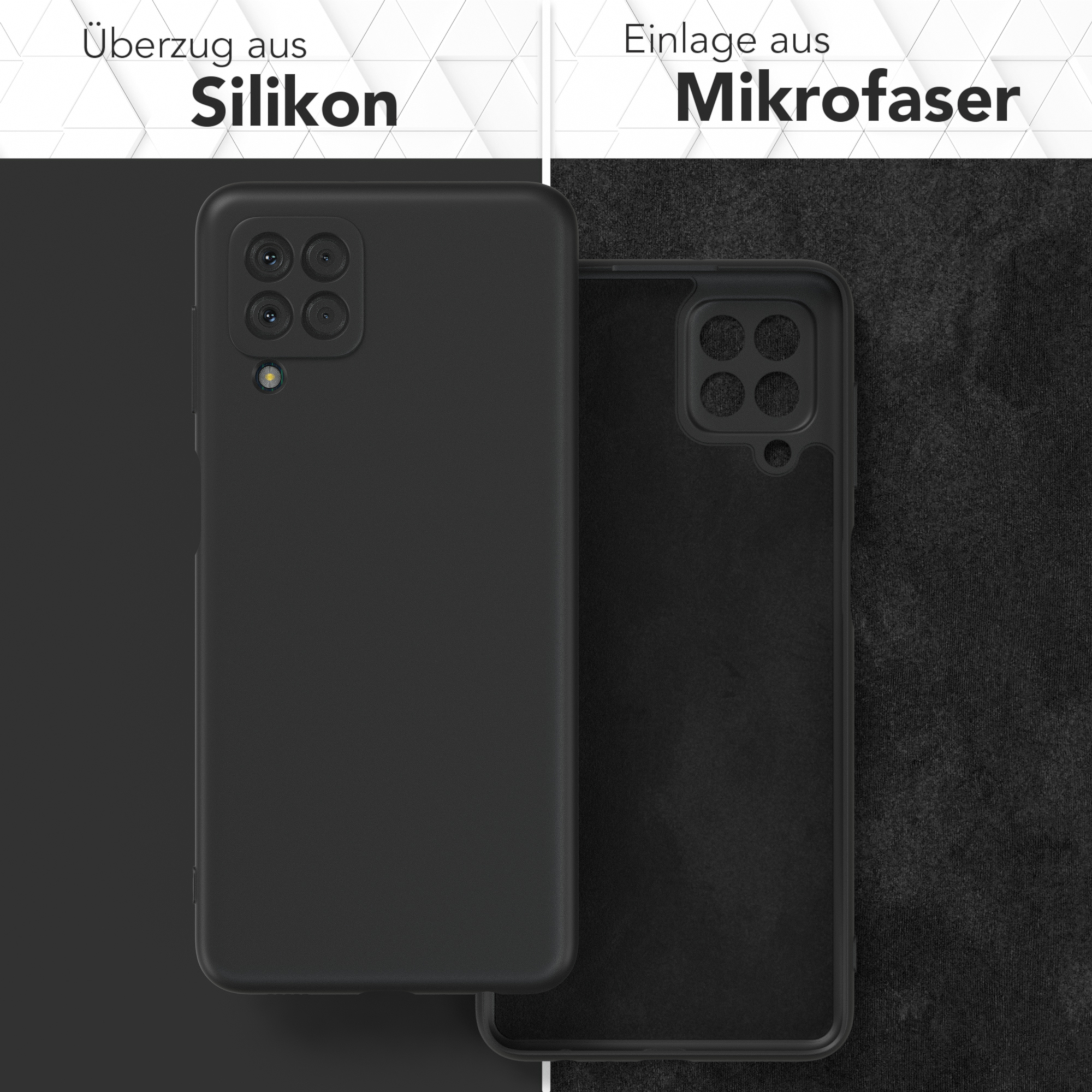 Eine schwarze Handyhülle mit schwarzem Hintergrund und einem Mikrofaser-Innenraum.