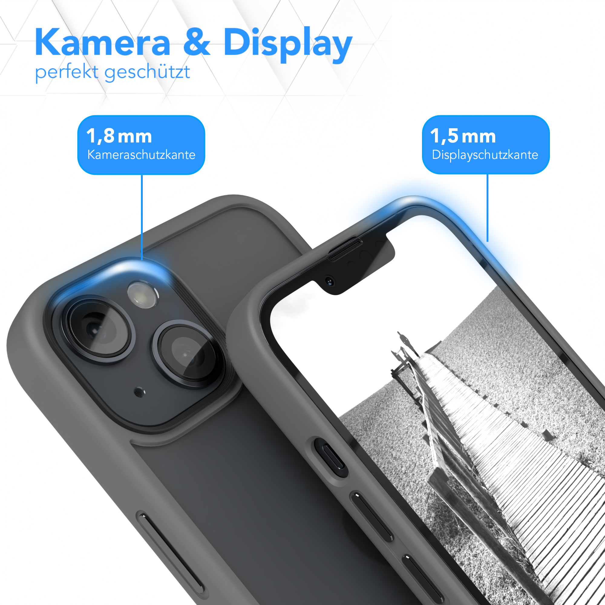 Eine Handyhülle schützt die Telefonkamera und das Display. Die Hülle ist grau.
