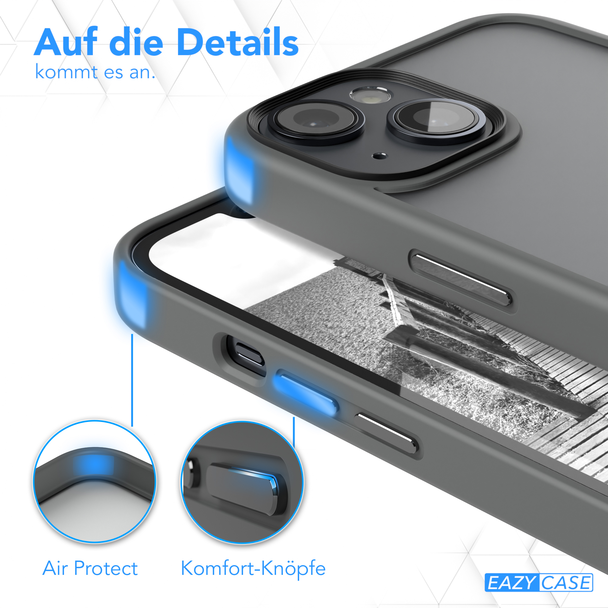 Nahaufnahme einer Handyhülle mit Details von Luftschutz und Komforttasten, auf einem Hintergrund.