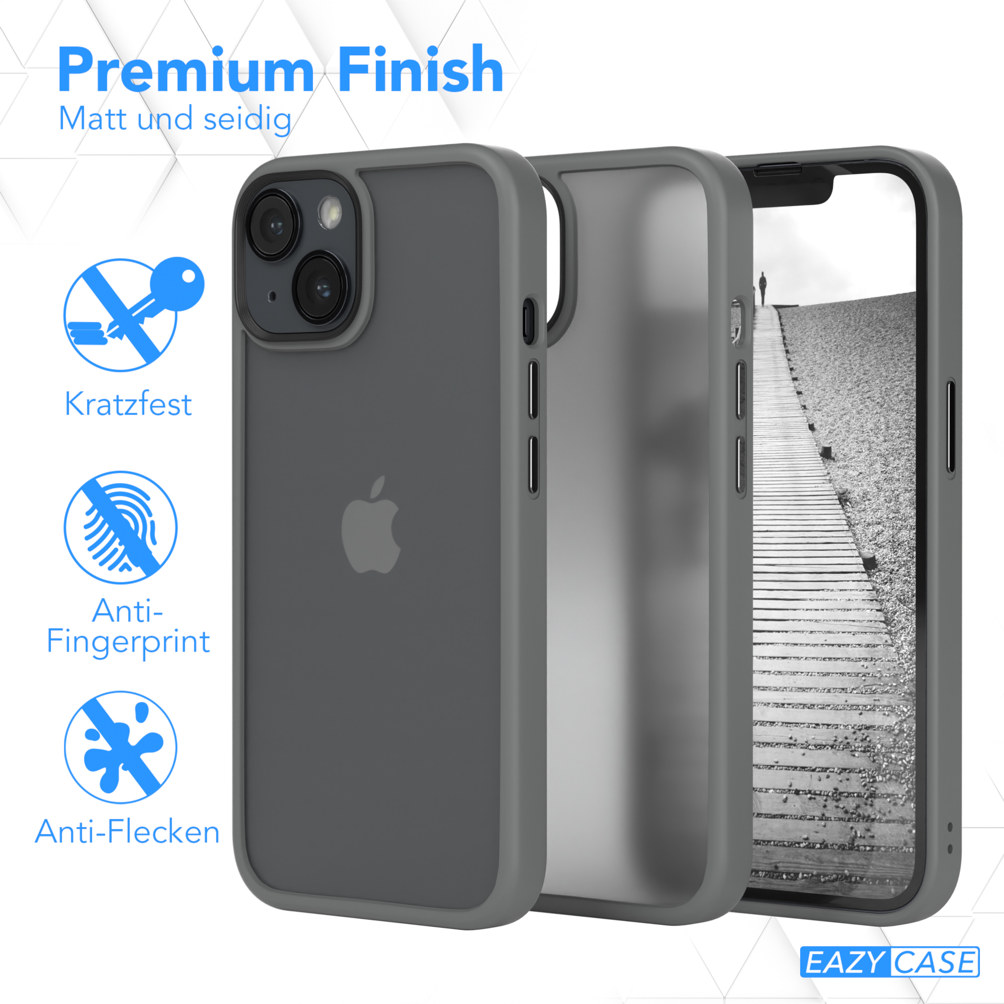 Eine dunkelgraue Handyhülle und ein iPhone mit Funktionen wie Fingerabdruck und Kratzschutz.