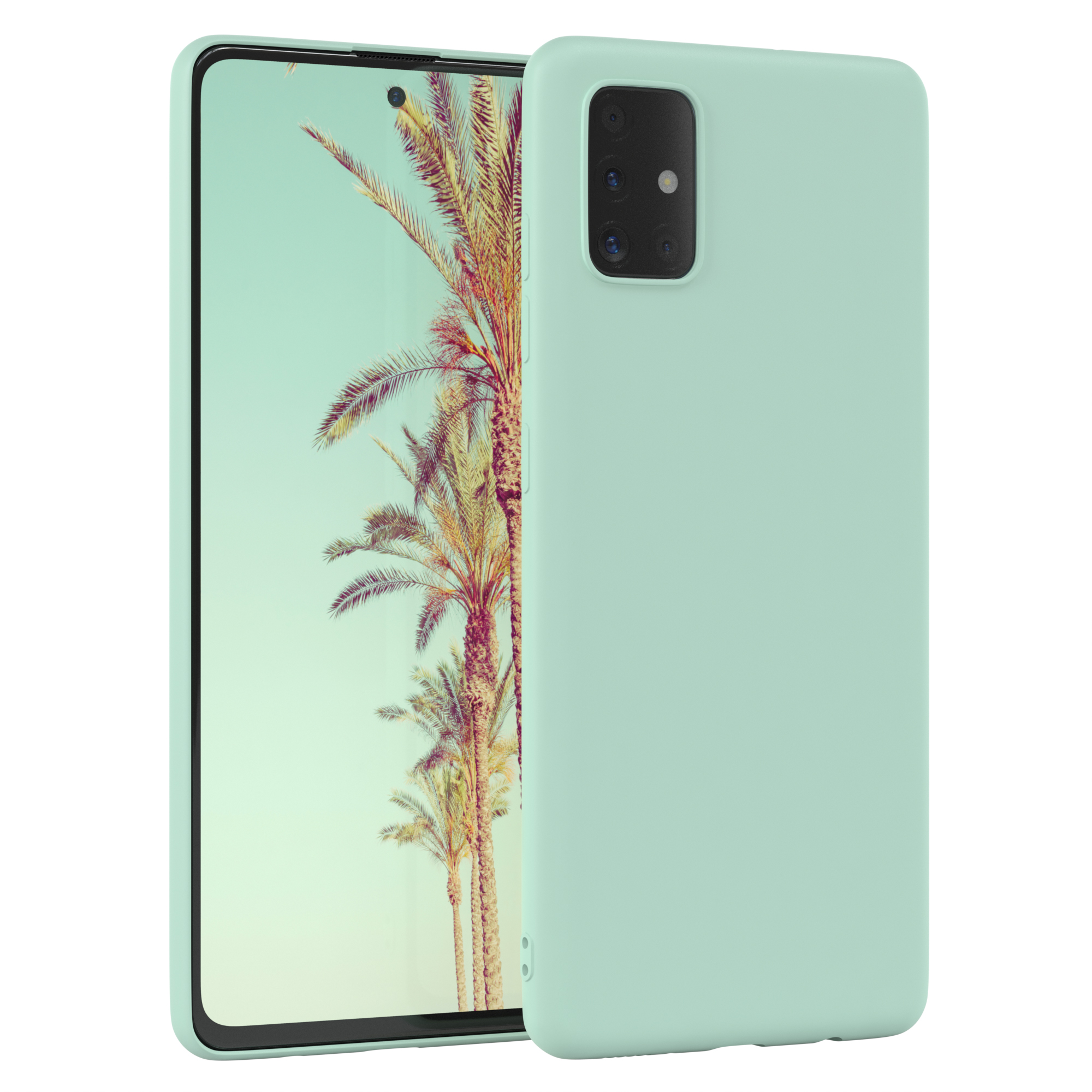Minzfarbene Handyhülle neben einem Telefon, das eine Landschaft zeigt. Vierfach-Kamera.