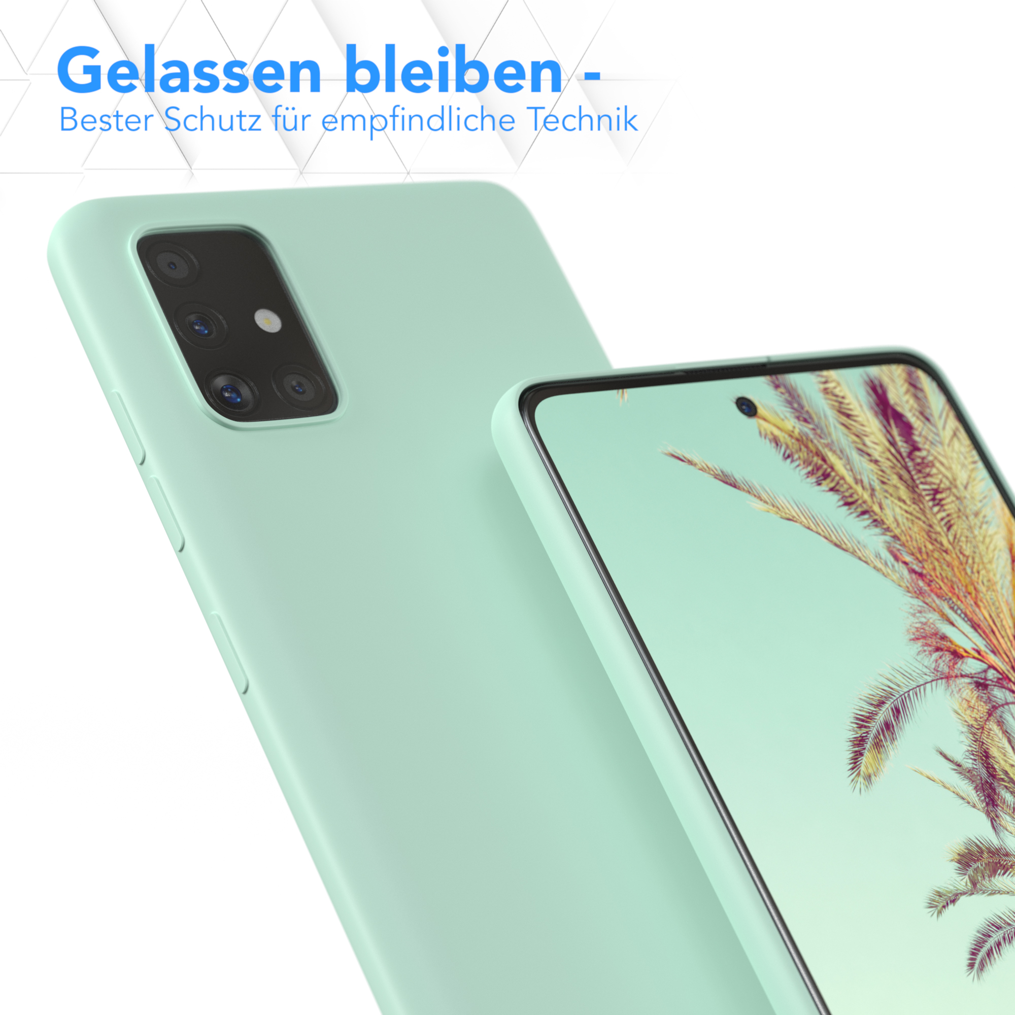 Minzfarbene Handyhülle und Telefon, Text. Weißer Hintergrund.