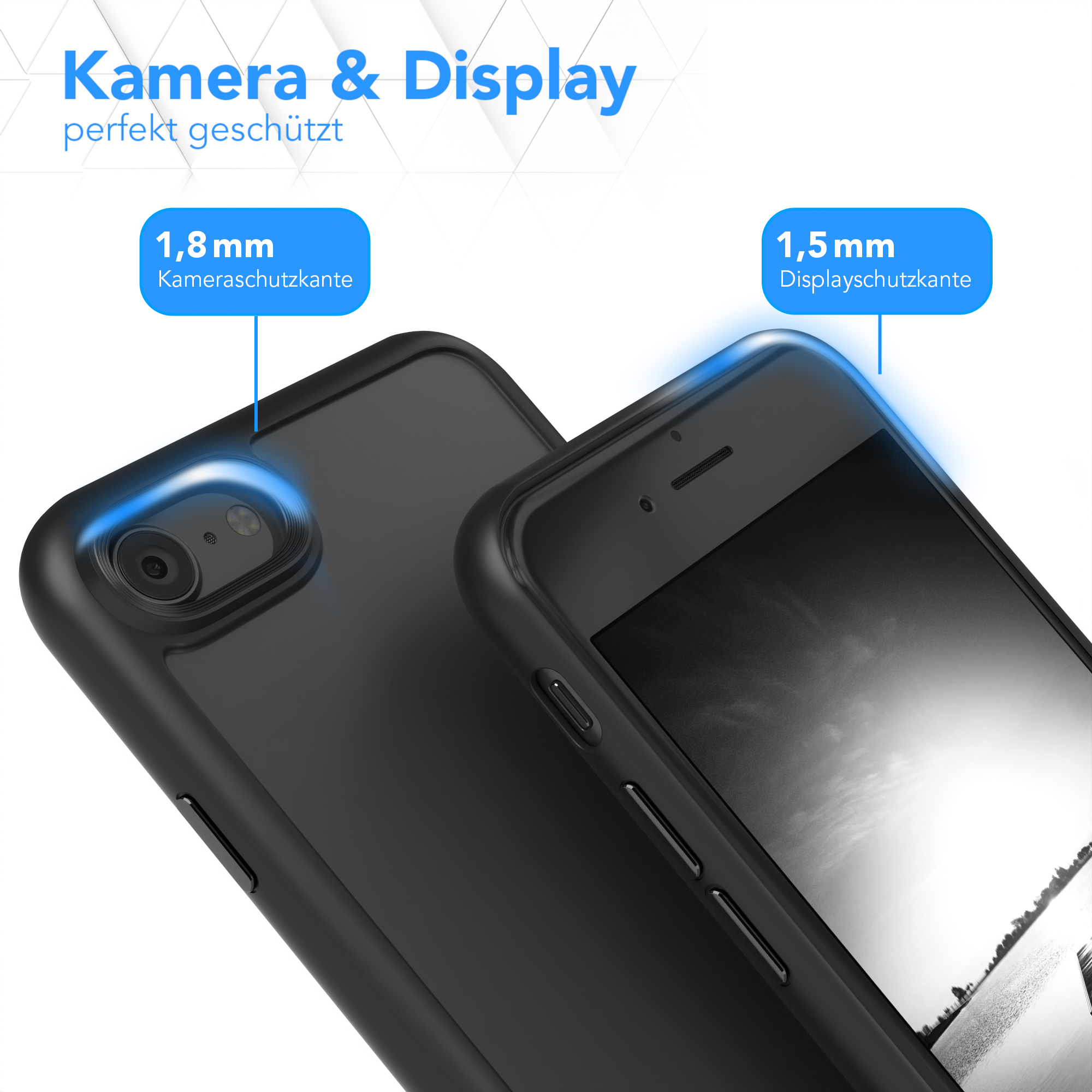 Zwei schwarze Telefonhüllen. Eine ist auf einem Telefon, die andere an der Seite. Der Text erwähnt 1,8 mm und 1,5 mm.