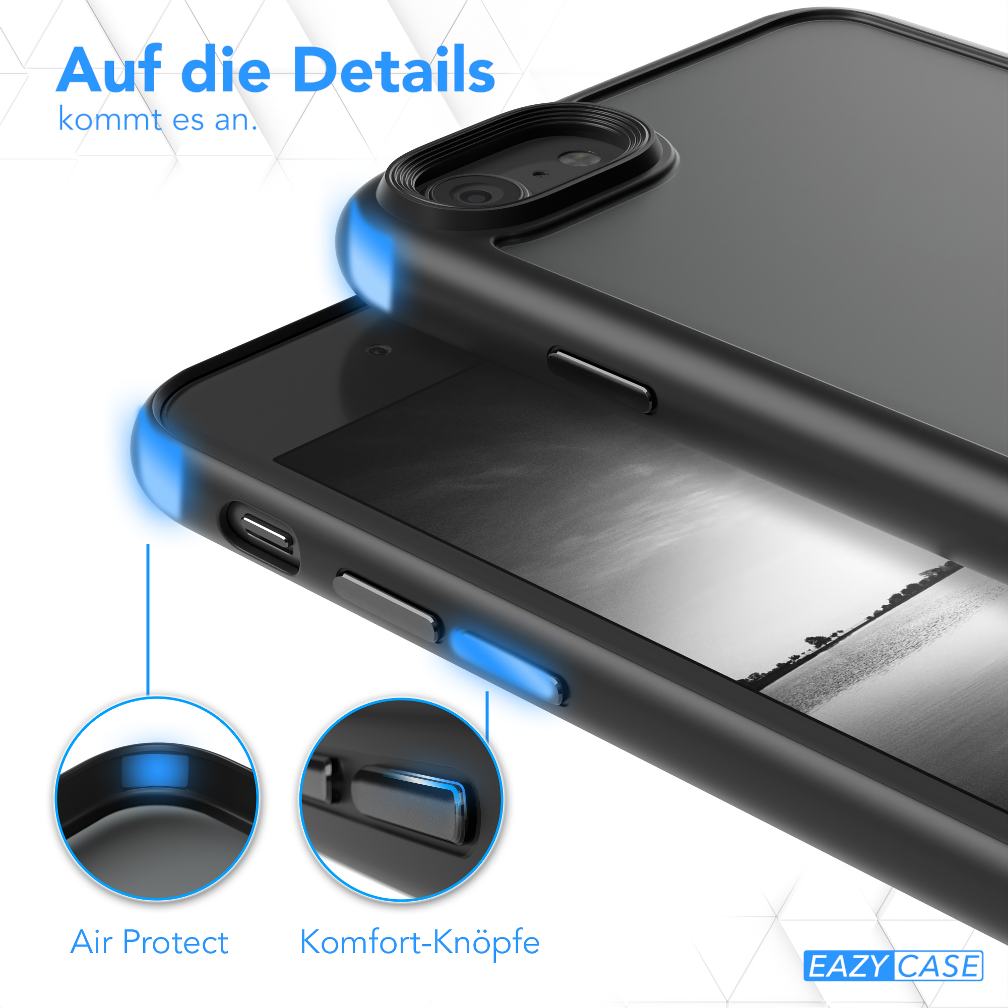 Zwei Handyhüllen. Eine ist schwarz, die andere eine Nahaufnahme mit blauem Umriss. Merkmale sind Air Protect und Komforttasten.