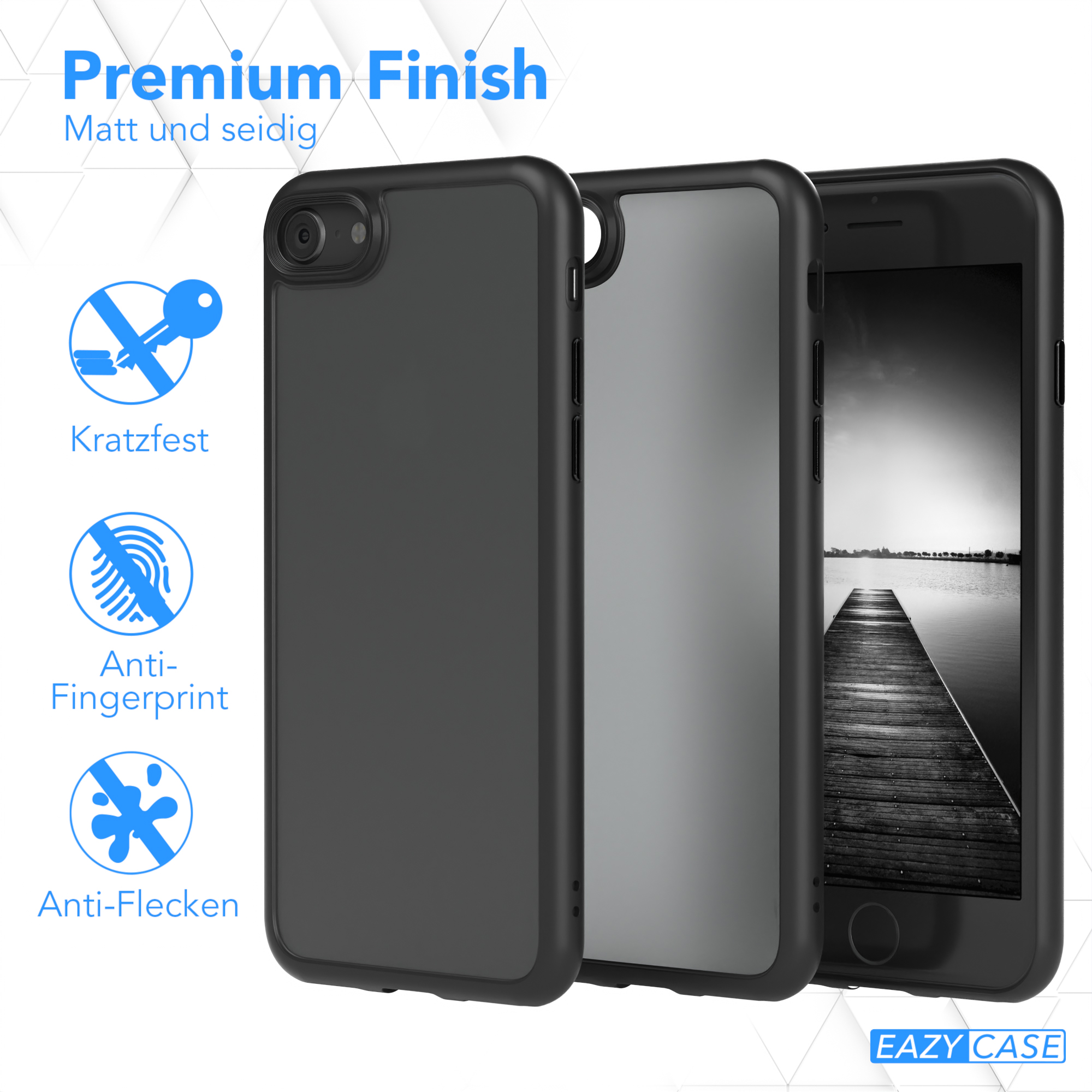 Drei schwarze Handyhüllen, eine mit einem Telefon darin. Text über Premium-Finish und Funktionen.