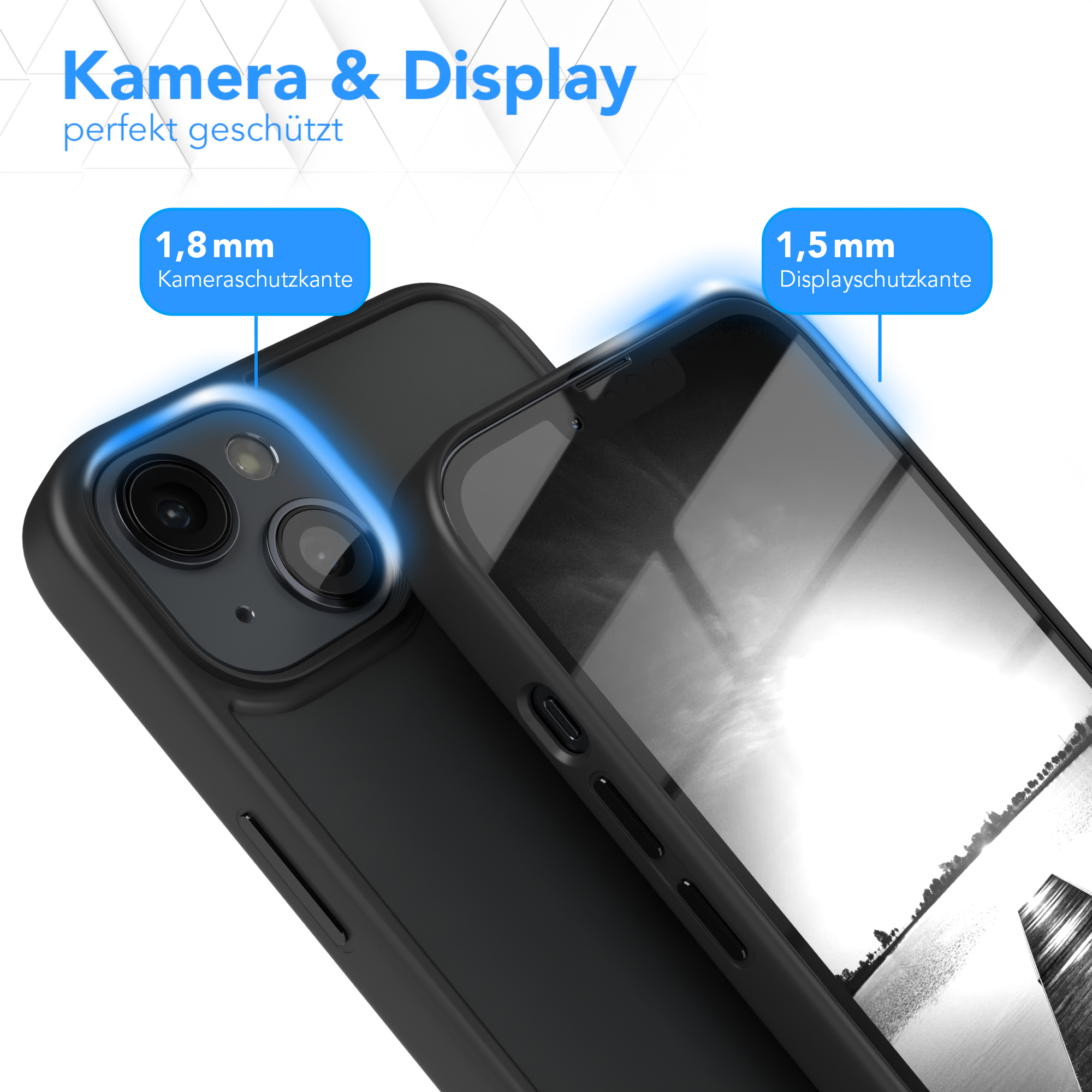 Schwarzes Telefon in einer Hülle. Das Bild zeigt Kamera- und Displayschutzfunktionen.