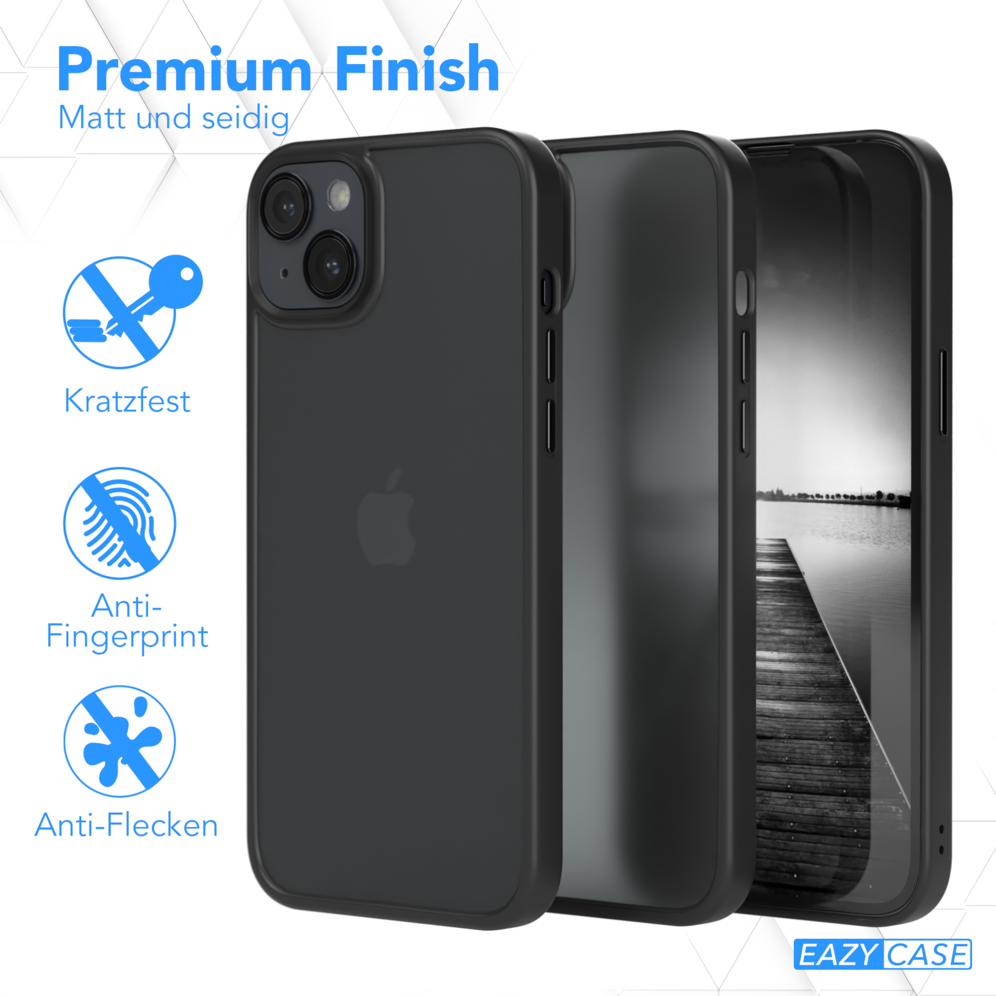 Schwarze Handyhülle mit Apple-Logo, neben zwei weiteren Hüllen.