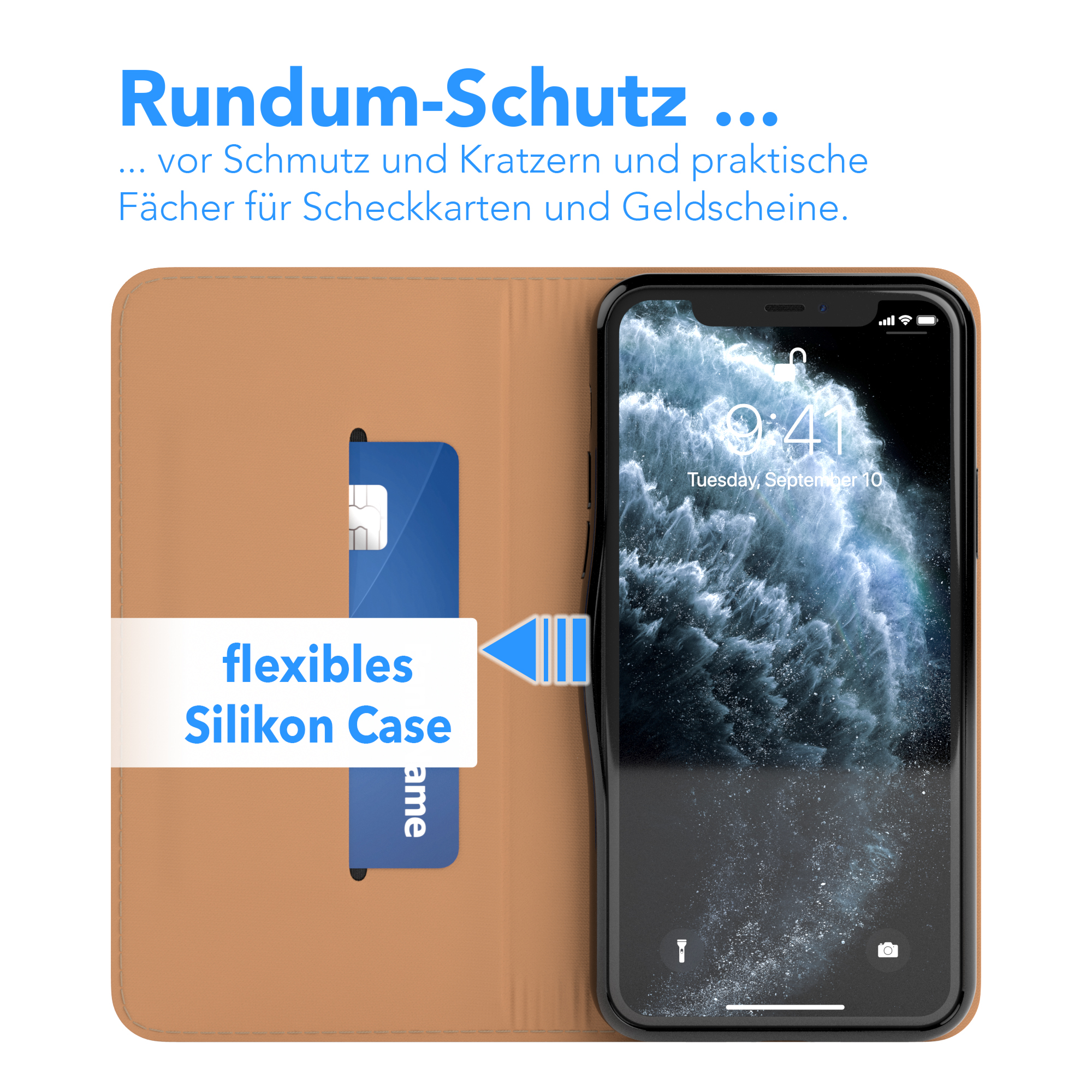 Ein Telefon in einem braunen Etui mit einer blauen Karte in einem Schlitz. Das Telefon zeigt Apps.