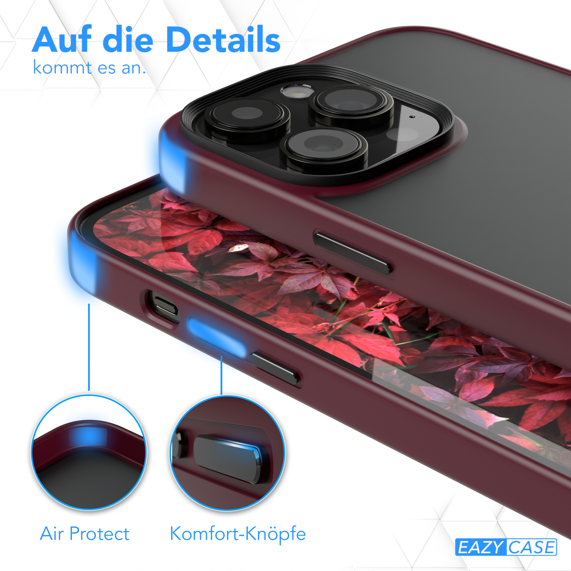 Handyhülle mit burgunderrotem Rahmen. Text: 'Air Protect' und 'Komfort-Knöpfe'.