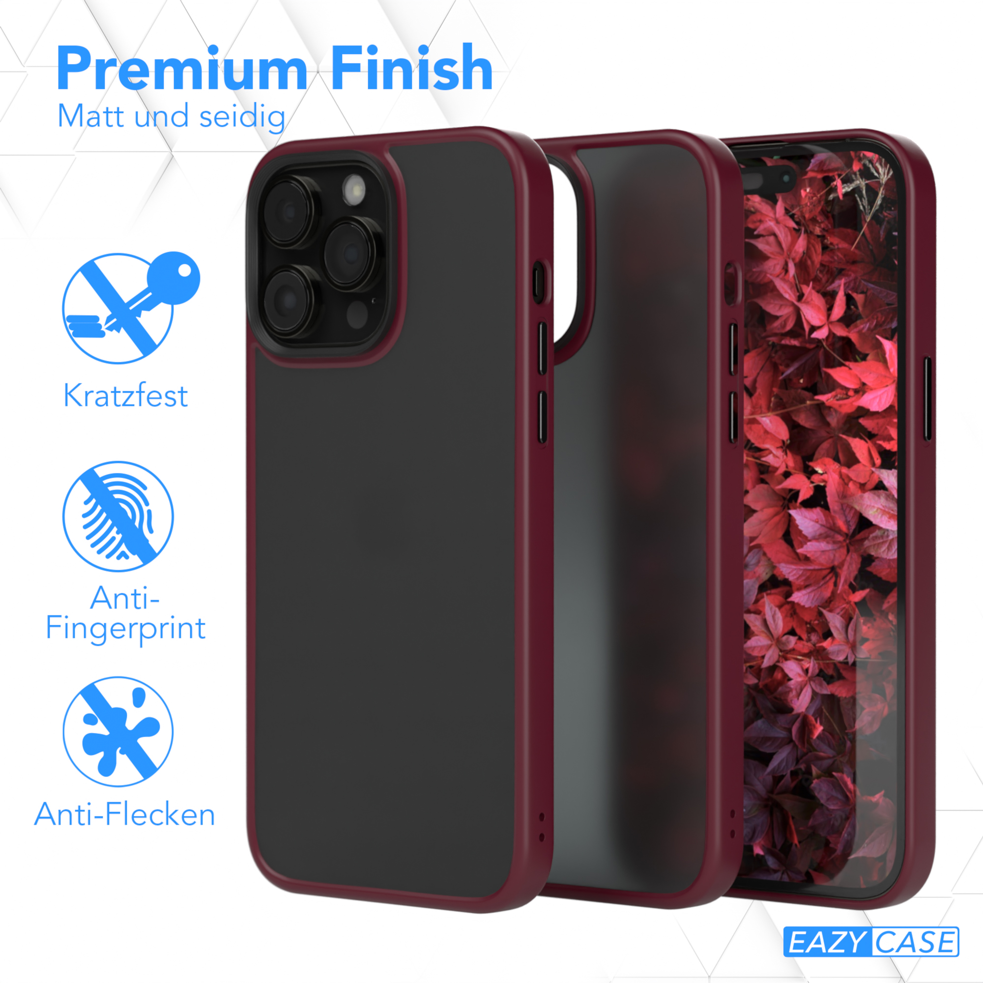 Drei Handyhüllen. Eigenschaften: kratzfest, anti-Fingerabdruck, anti-Flecken. Text: Premium Finish, EAZY CASE.