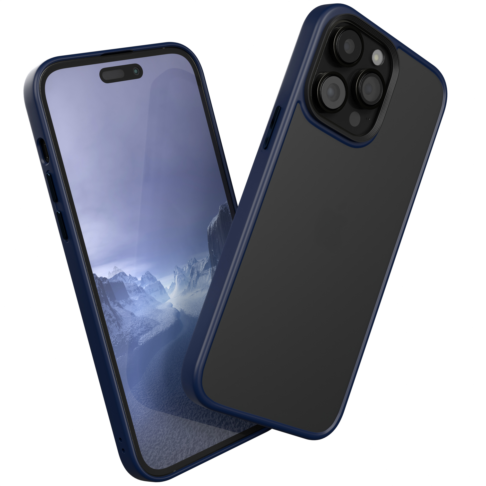 Blaue Handyhülle und Telefon mit dunklem Bildschirm, blauer Rand.