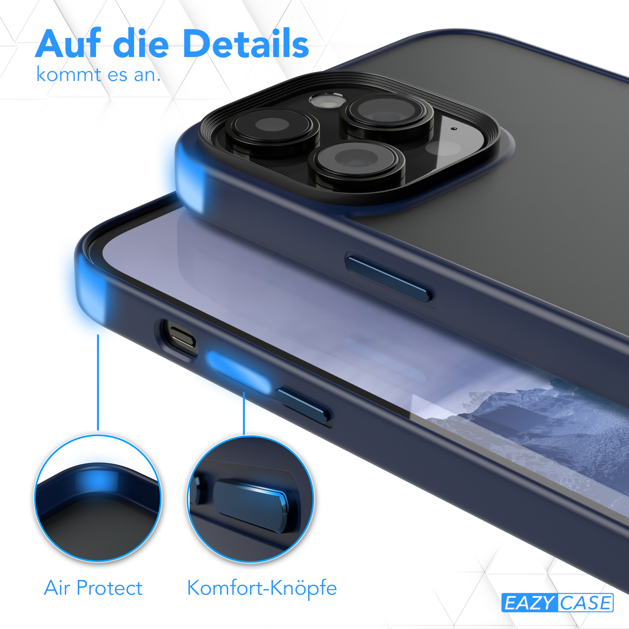 Nahaufnahme einer Handyhülle mit hervorgehobenen Merkmalen. Text sagt 'Air Protect' und 'Komfort-Knöpfe'.