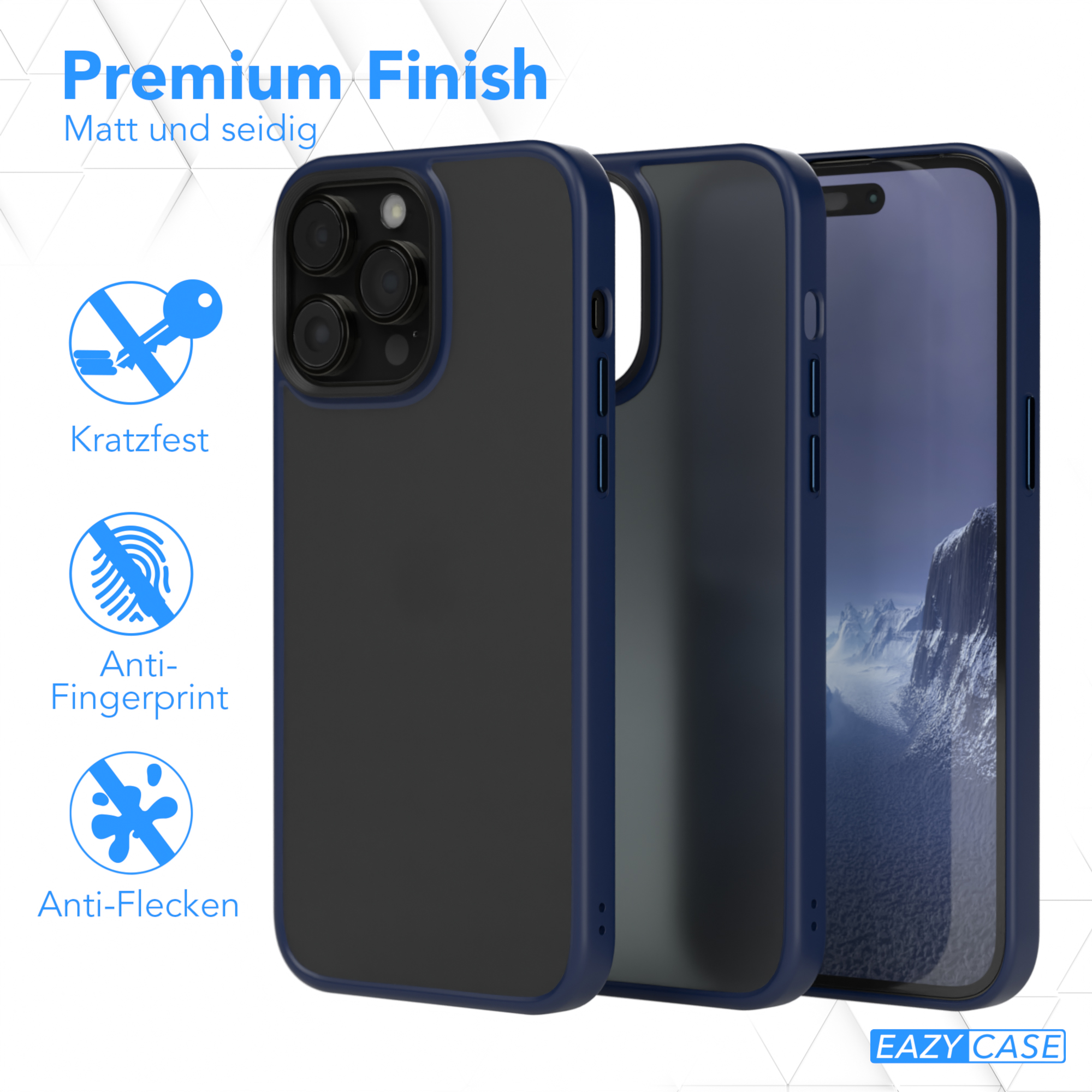 Handyhülle mit blauen Kanten, drei Symbolen und einem Telefon.