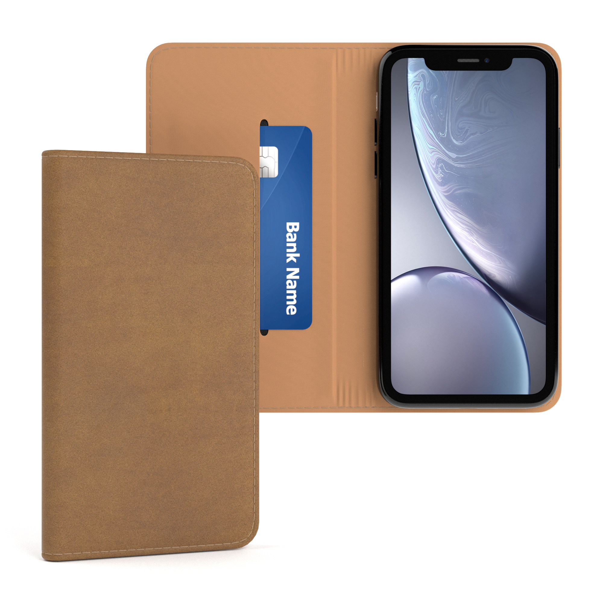 Braune Handyhülle geöffnet. Eine blaue Kreditkarte ist innen sichtbar. Ein Telefon mit schwarzem Bildschirm rechts.
