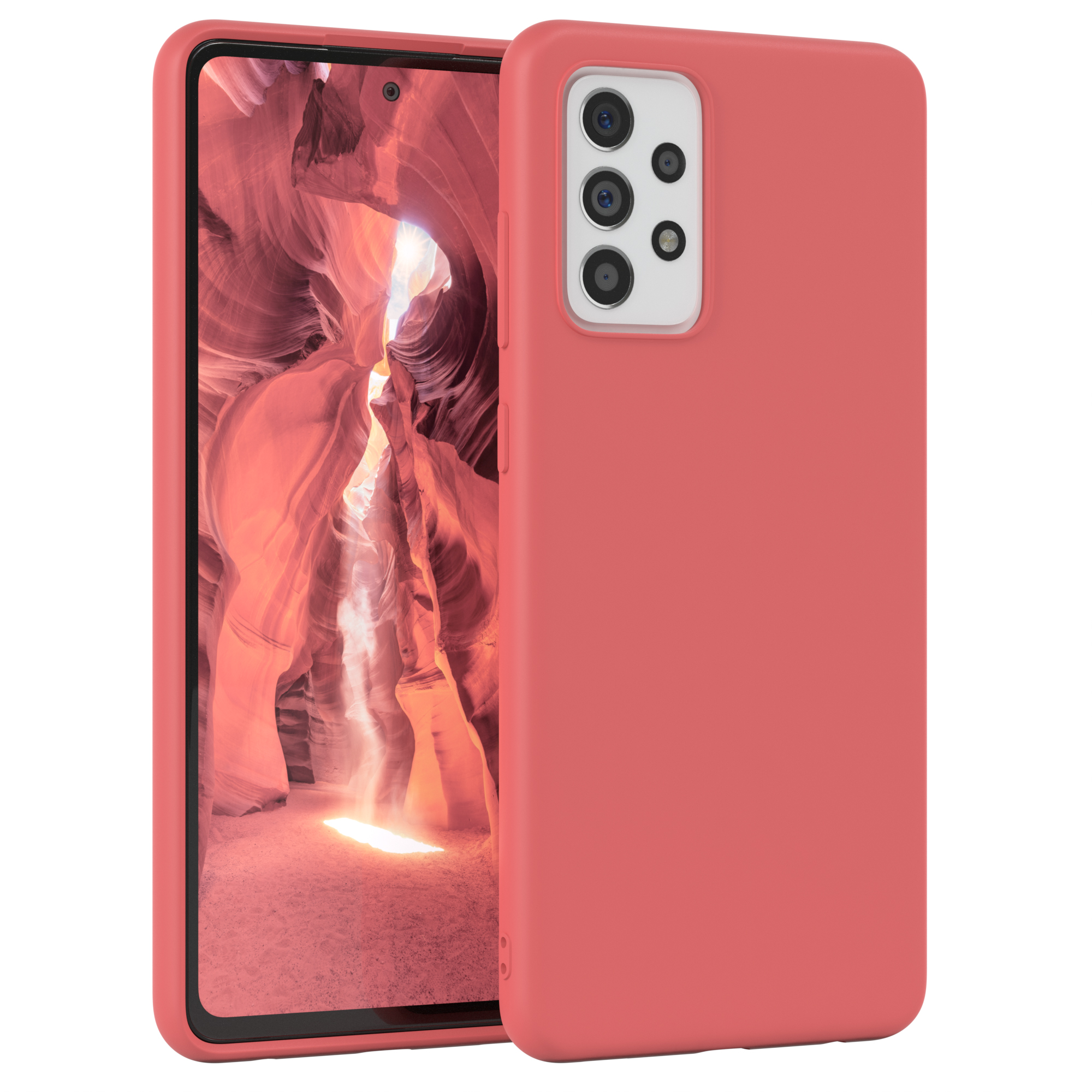 Korallenfarbenes Telefon mit Korallen-Hülle, zwei Telefone, weißer Hintergrund.